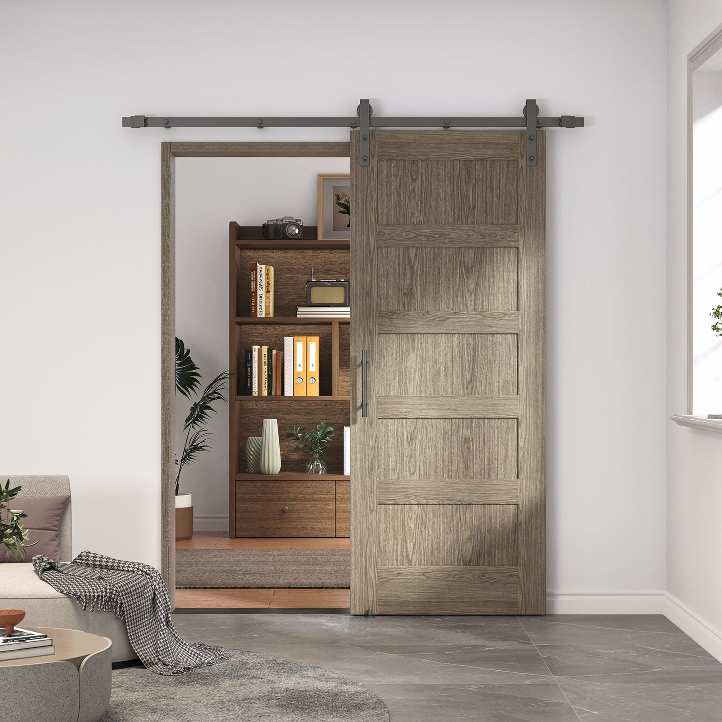 Pre-Assembled Sliding Barn Door with ALL-IN-ONE Black Hardware Kit, 5-Panel Shaker Design, Solid Core, Walnut Veneer Finish, with One-Piece Track, Handle and Lock