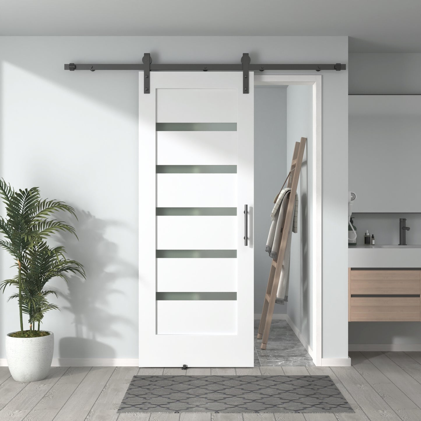Pre-Assembled Sliding Barn Door with ALL-IN-ONE Black Hardware Kit, 5-Lite Small Frosted Glass Design, Solid Core, White Primed, with One-Piece Track, Includes Handle and Lock
