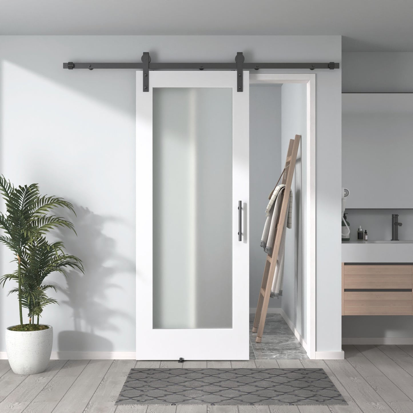 Pre-Assembled Sliding Barn Door with ALL-IN-ONE Black Hardware Kit, 1-Lite Frosted Glass Design, Solid Core, White Primed, with One-Piece Track, Includes Handle and Lock