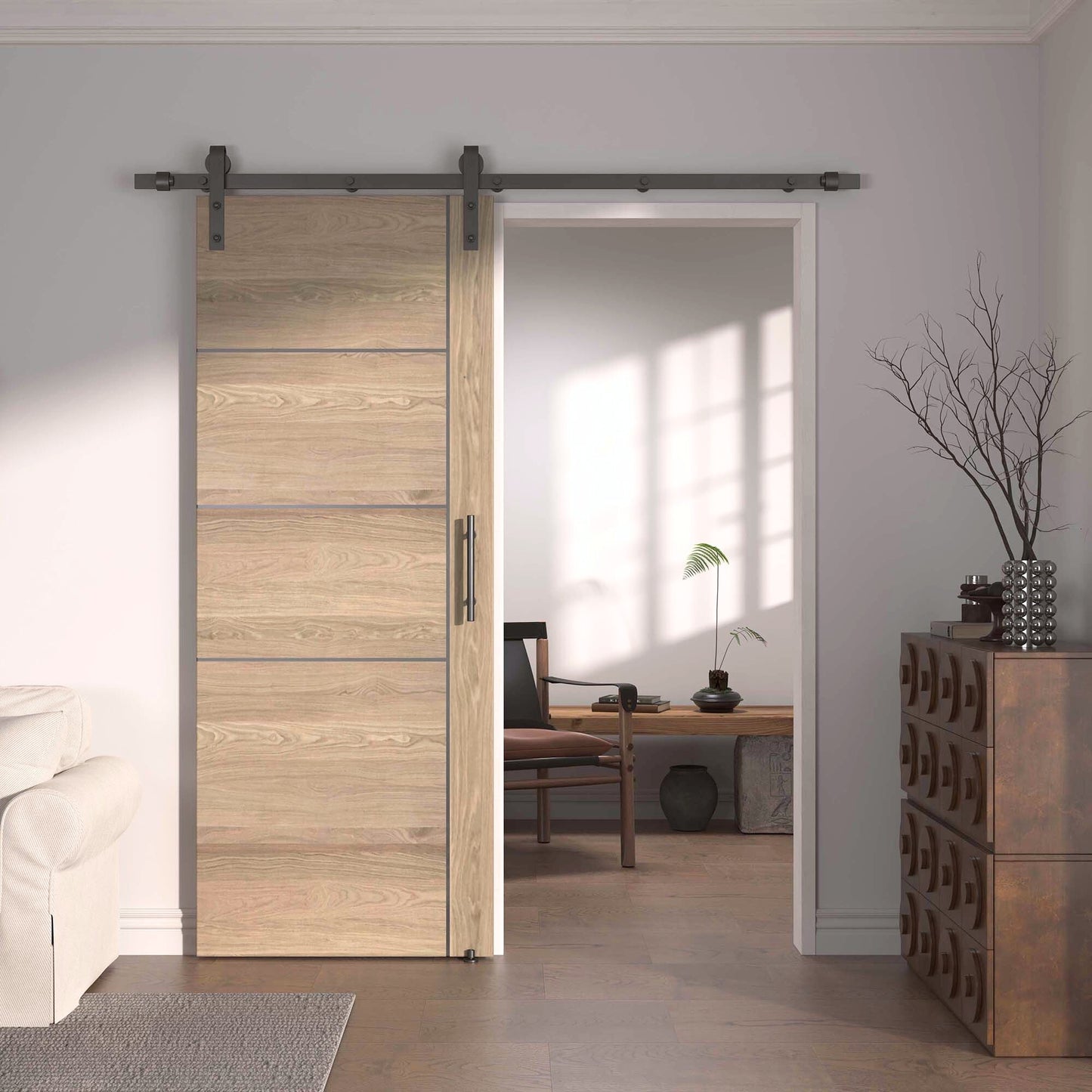 Pre-Assembled Sliding Barn Door with ALL-IN-ONE Black Hardware Kit, 5-Panel Flush Design, Solid Core, Walnut Veneer Finish, with One-Piece Track, Handle and Lock