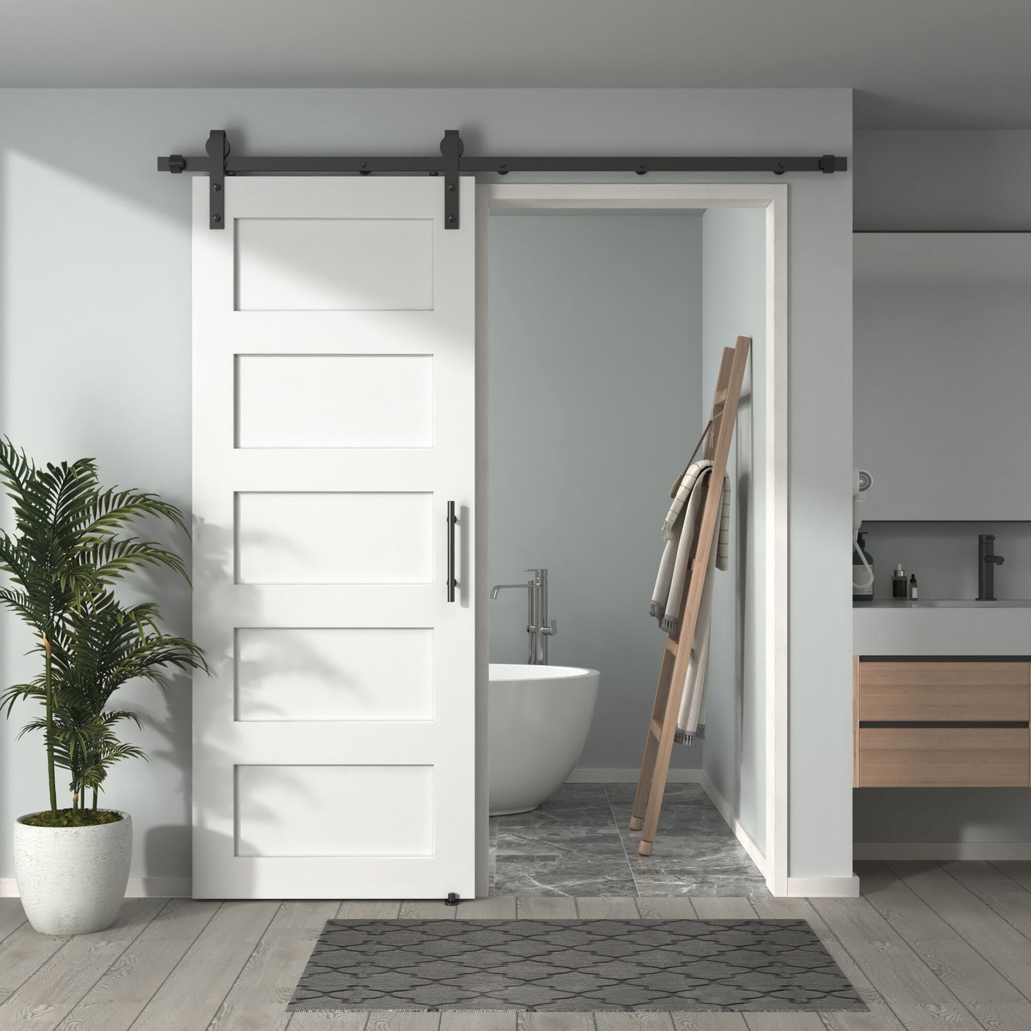 Pre-Assembled Sliding Barn Door with ALL-IN-ONE Black Hardware Kit, 5-Panel Shaker Design, Solid Core, White Primed, with One-Piece Track, Includes Handle and Lock