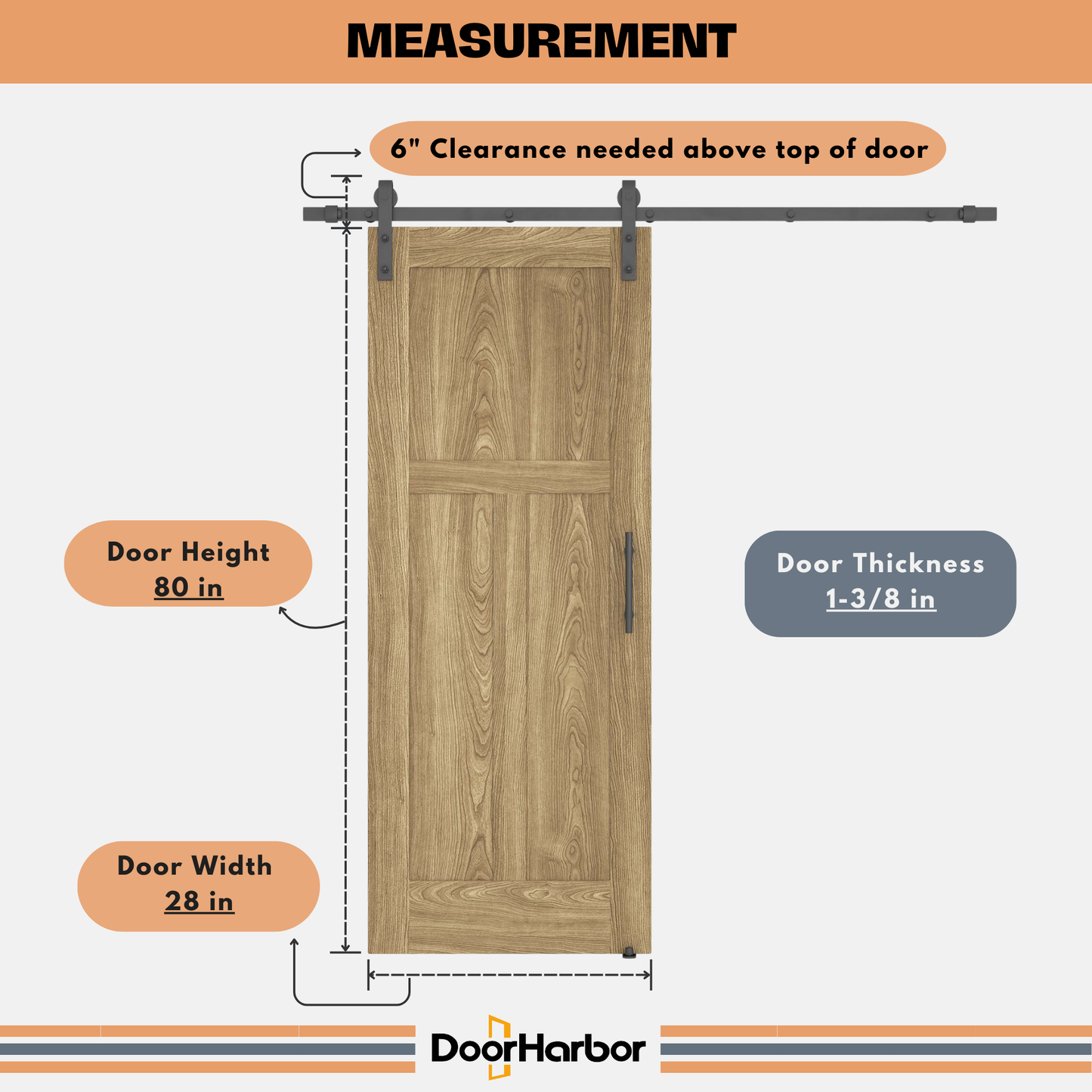 Pre-Assembled Sliding Barn Door with ALL-IN-ONE Black Hardware Kit, 3-Panel Shaker Design, Solid Core, Oak Veneer Finish, with One-Piece Track, Includes Handle and Lock