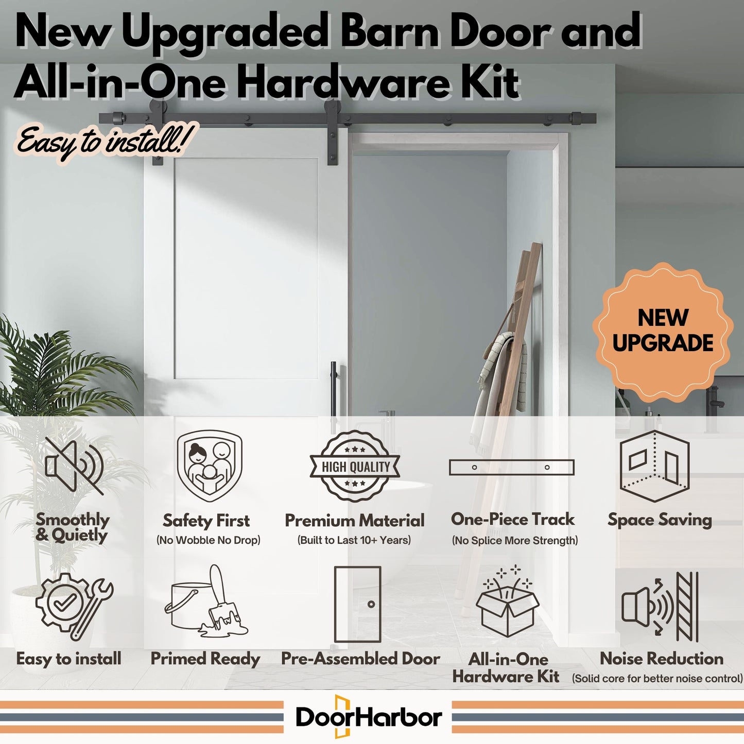Pre-Assembled Sliding Barn Door with ALL-IN-ONE Black Hardware Kit, 2-Panel Shaker Design, Solid Core, White Primed, with One-Piece Track, Includes Handle and Lock