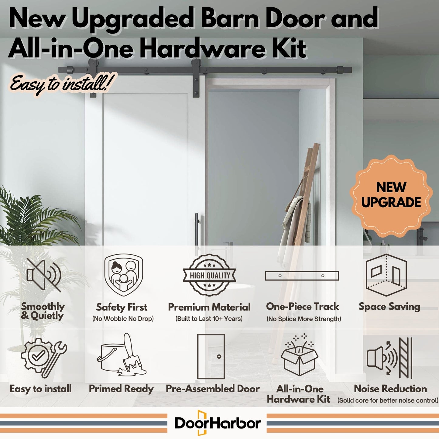 Pre-Assembled Sliding Barn Door with ALL-IN-ONE Black Hardware Kit, 1-Panel Shaker Design, Solid Core, White Primed, with One-Piece Track, Includes Handle and Lock