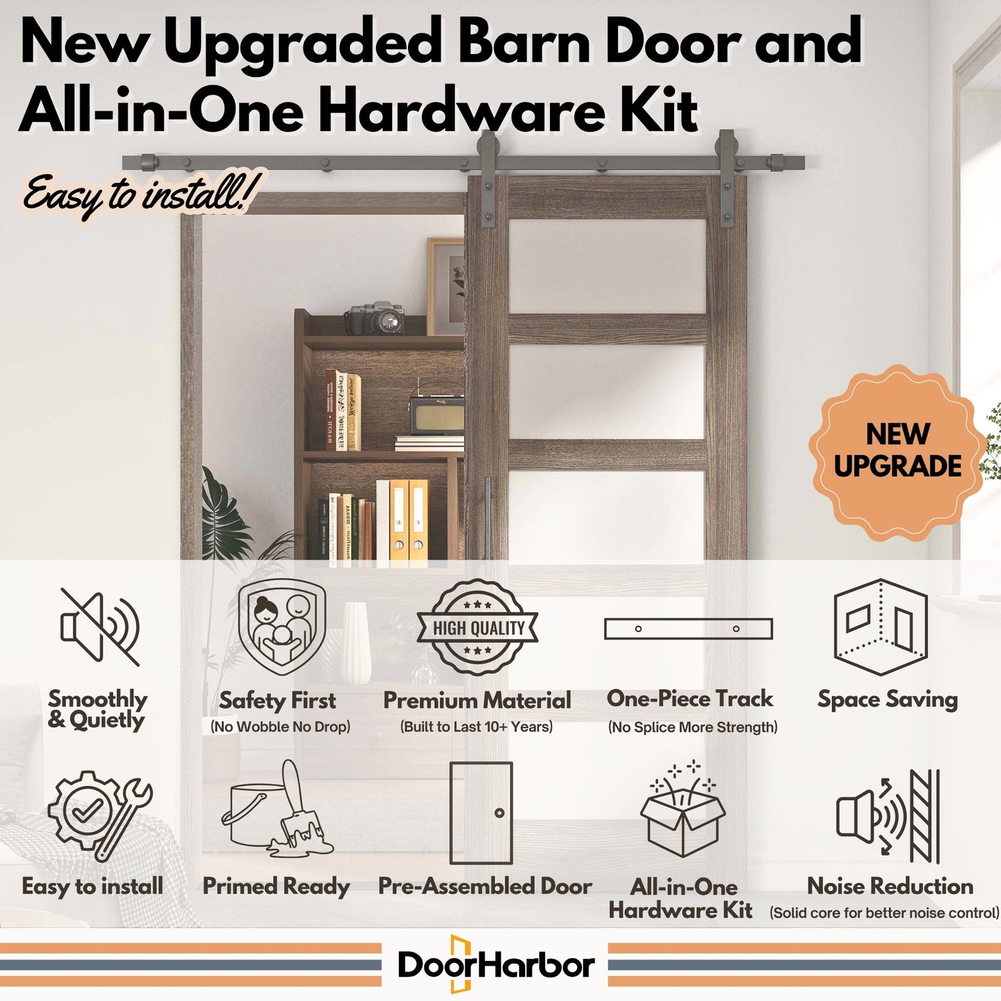 Pre-Assembled Sliding Barn Door with ALL-IN-ONE Black Hardware Kit, 5-Lite Frosted Glass Design, Solid Core, Walnut Veneer Finish, with One-Piece Track, Handle and Lock