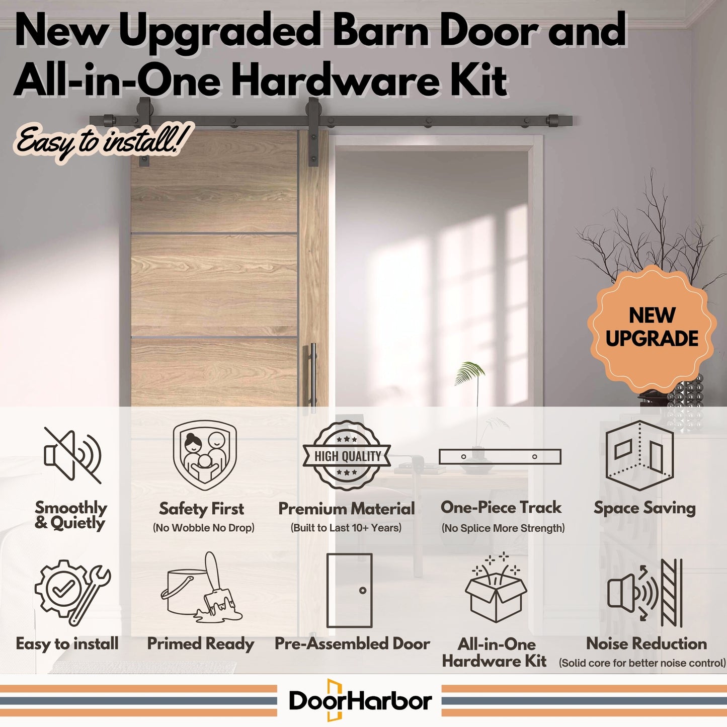 Pre-Assembled Sliding Barn Door with ALL-IN-ONE Black Hardware Kit, 5-Panel Flush Design, Solid Core, Walnut Veneer Finish, with One-Piece Track, Handle and Lock