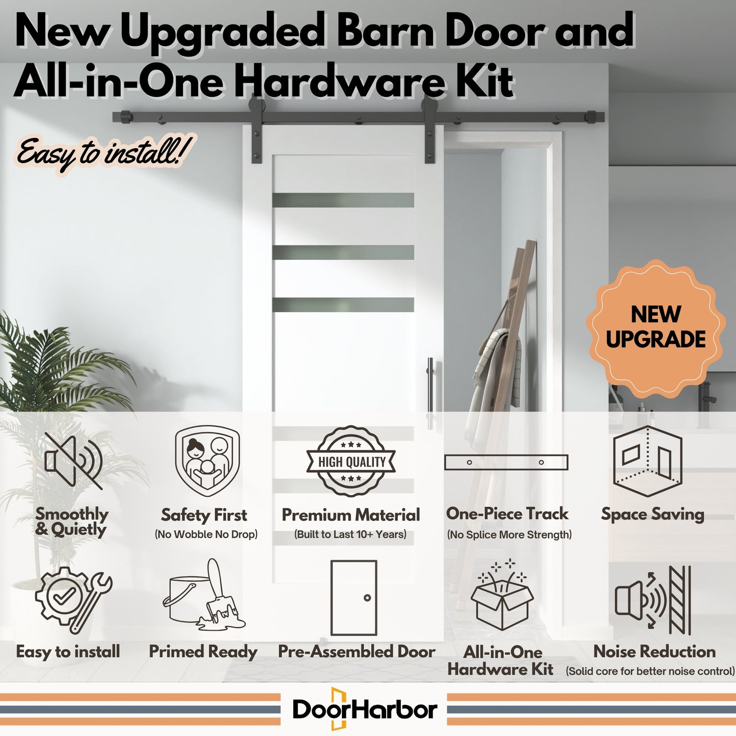 Pre-Assembled Sliding Barn Door with ALL-IN-ONE Black Hardware Kit, 6-Lite Small Frosted Glass Design, Solid Core, White Primed, with One-Piece Track, Includes Handle and Lock