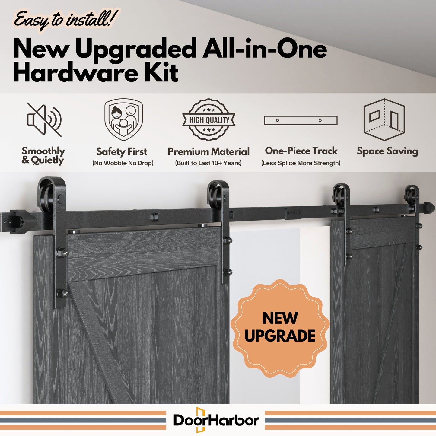 All-IN-ONE Sliding Barn Door Hardware Kit for Double Doors, with Handle, Lock, Adjustable Floor & Wall Guide, Black, Smoothly & Quietly, Easy to Install (No Door)