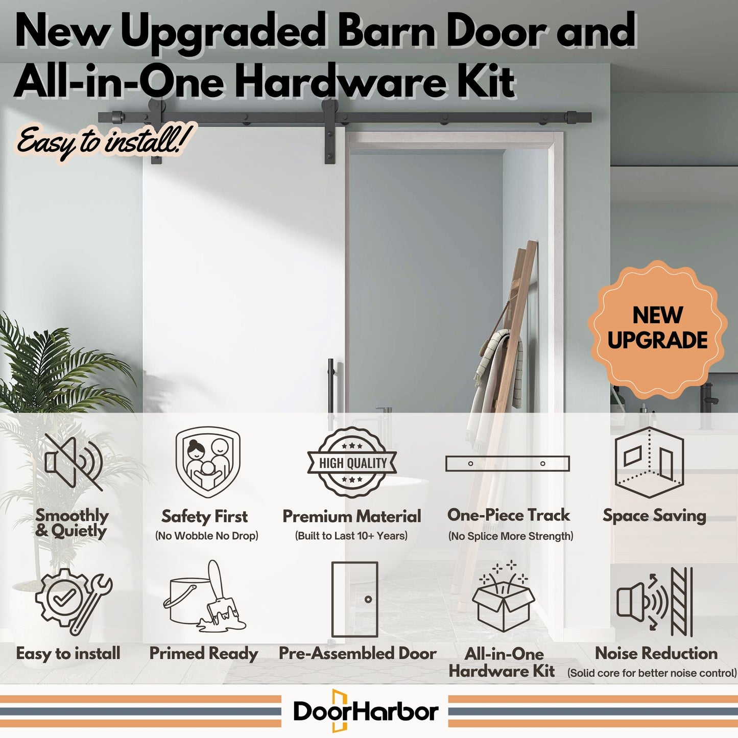 Pre-Assembled Sliding Barn Door with ALL-IN-ONE Black Hardware Kit, Plain Flush Design, Solid Core, White Primed, with One-Piece Track, Includes Handle and Lock
