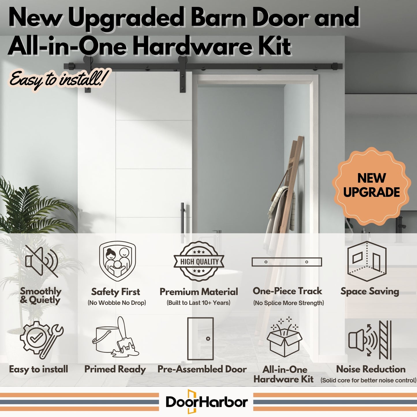 Pre-Assembled Sliding Barn Door with ALL-IN-ONE Black Hardware Kit, Berkley Flush Design, Solid Core, White Primed, with One-Piece Track, Includes Handle and Lock