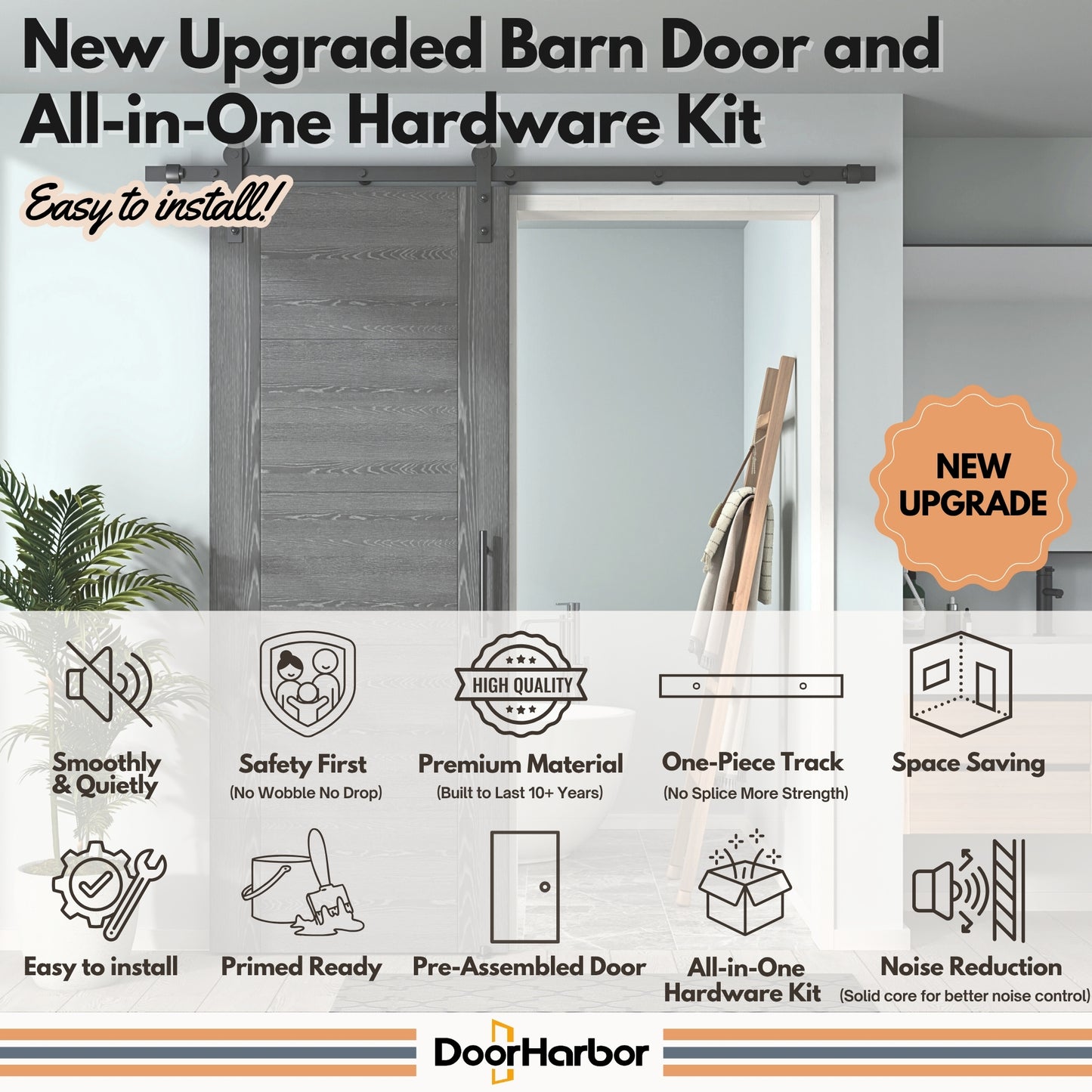 Pre-Assembled Sliding Barn Door with ALL-IN-ONE Black Hardware Kit, 5-Panel Flush Design, Solid Core, Grey Oak Veneer Finish, with One-Piece Track, Handle and Lock