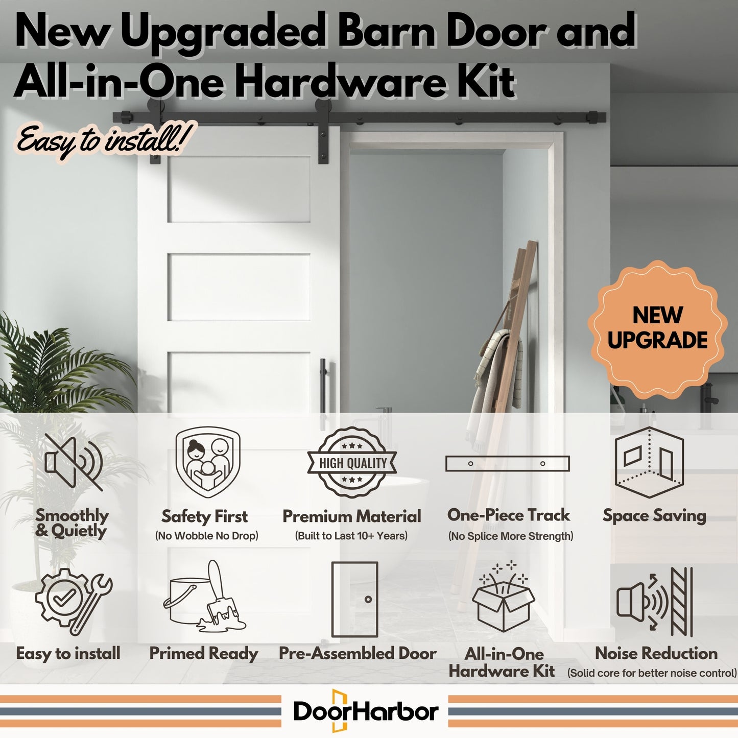 Pre-Assembled Sliding Barn Door with ALL-IN-ONE Black Hardware Kit, 5-Panel Shaker Design, Solid Core, White Primed, with One-Piece Track, Includes Handle and Lock
