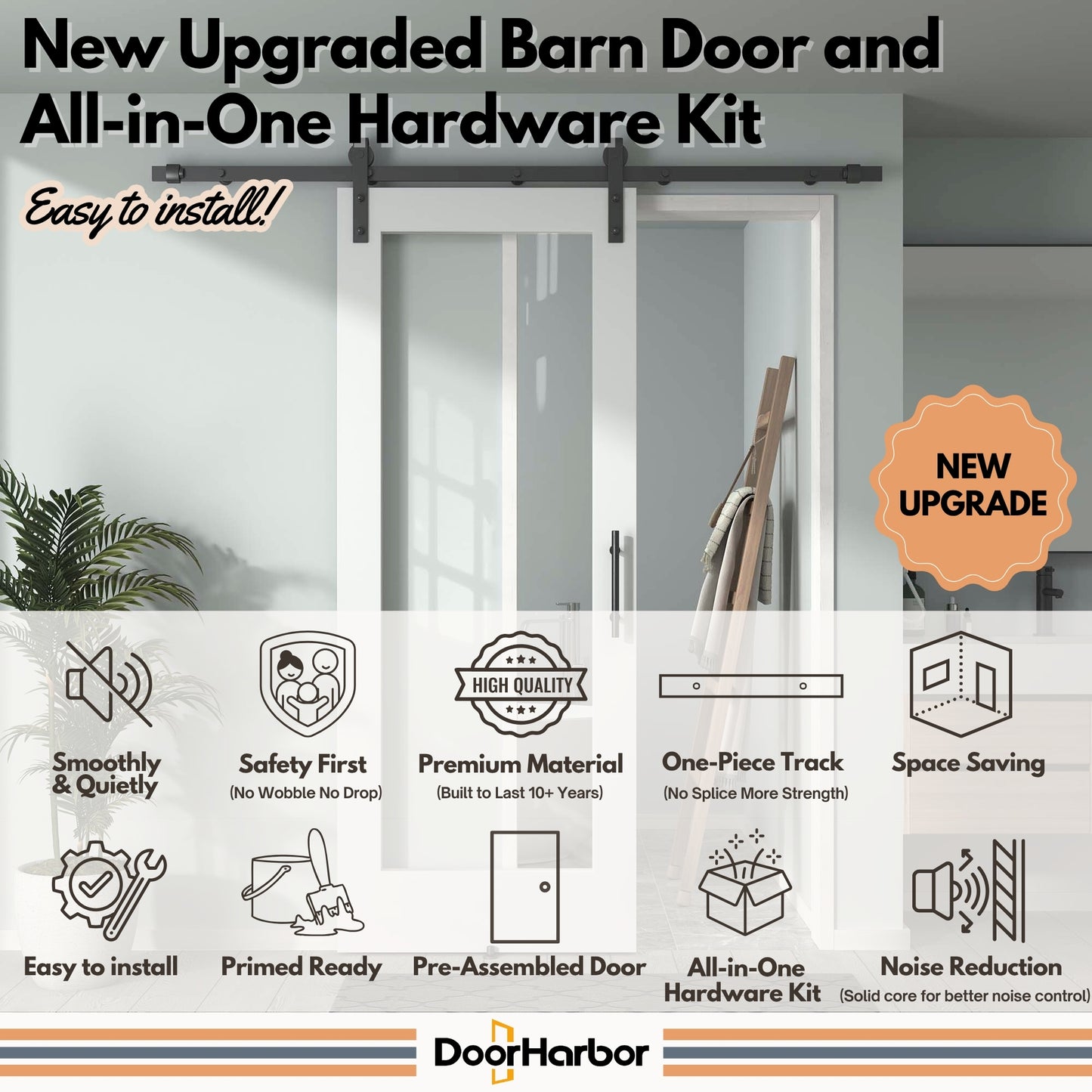 Pre-Assembled Sliding Barn Door with ALL-IN-ONE Black Hardware Kit, 1-Lite Clear Glass Design, Solid Core, White Primed, with One-Piece Track, Includes Handle and Lock