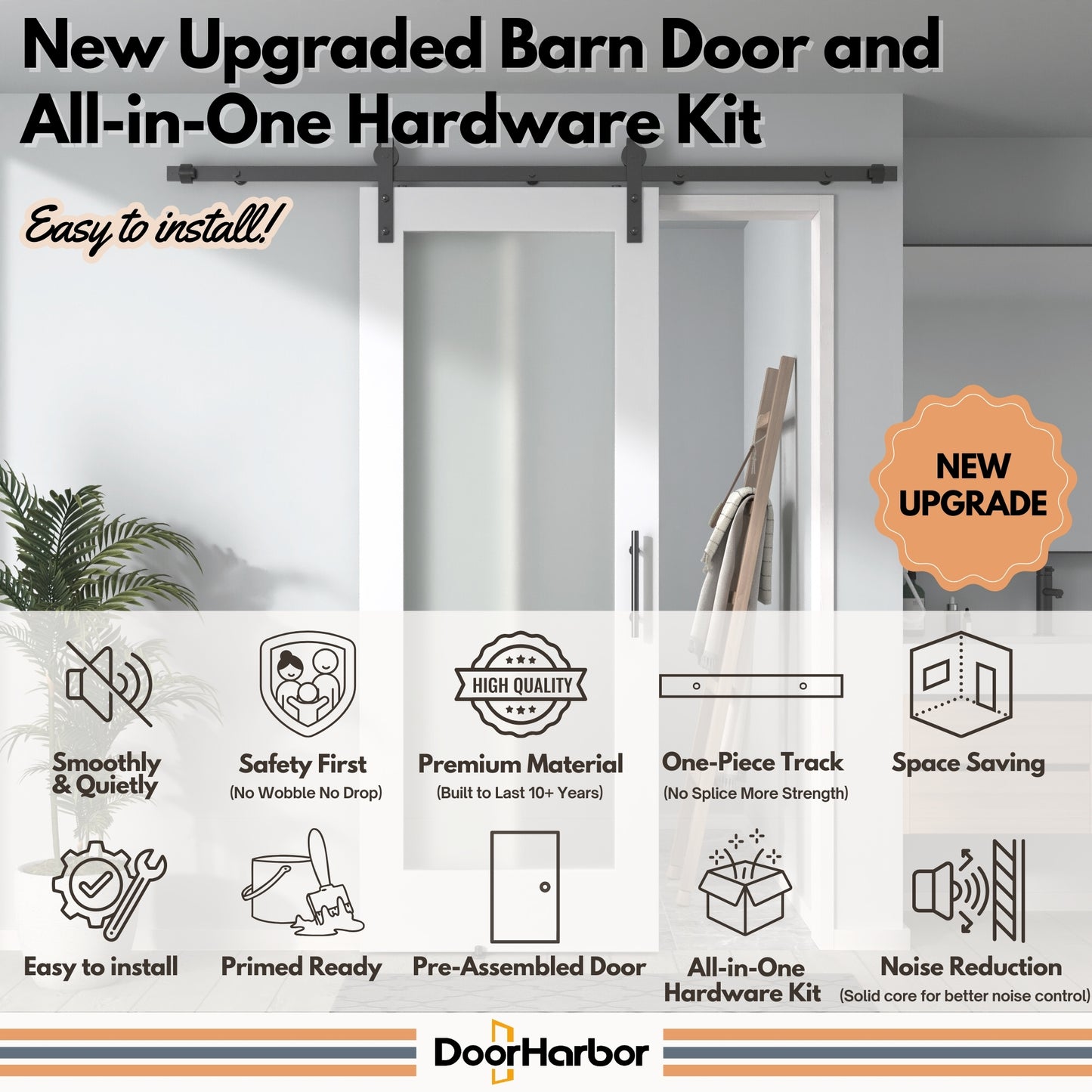 Pre-Assembled Sliding Barn Door with ALL-IN-ONE Black Hardware Kit, 1-Lite Frosted Glass Design, Solid Core, White Primed, with One-Piece Track, Includes Handle and Lock