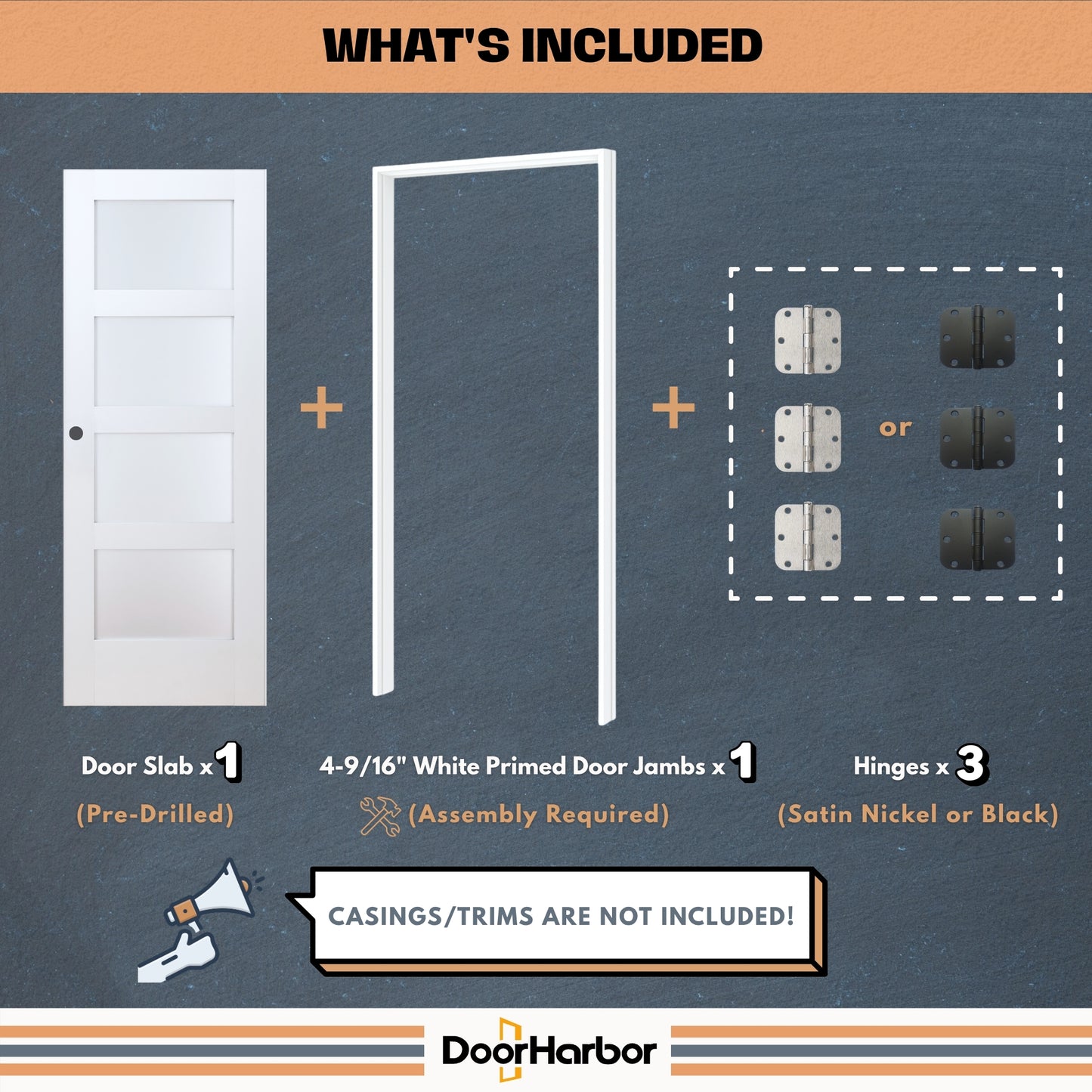 Prehung Interior Door, 4-Lite Frosted Glass Design, White Primed, Solid Core, with Jambs Kit, Black or Satin Nickel Hinges, and Pre-Drilled Lock & Hinge Holes