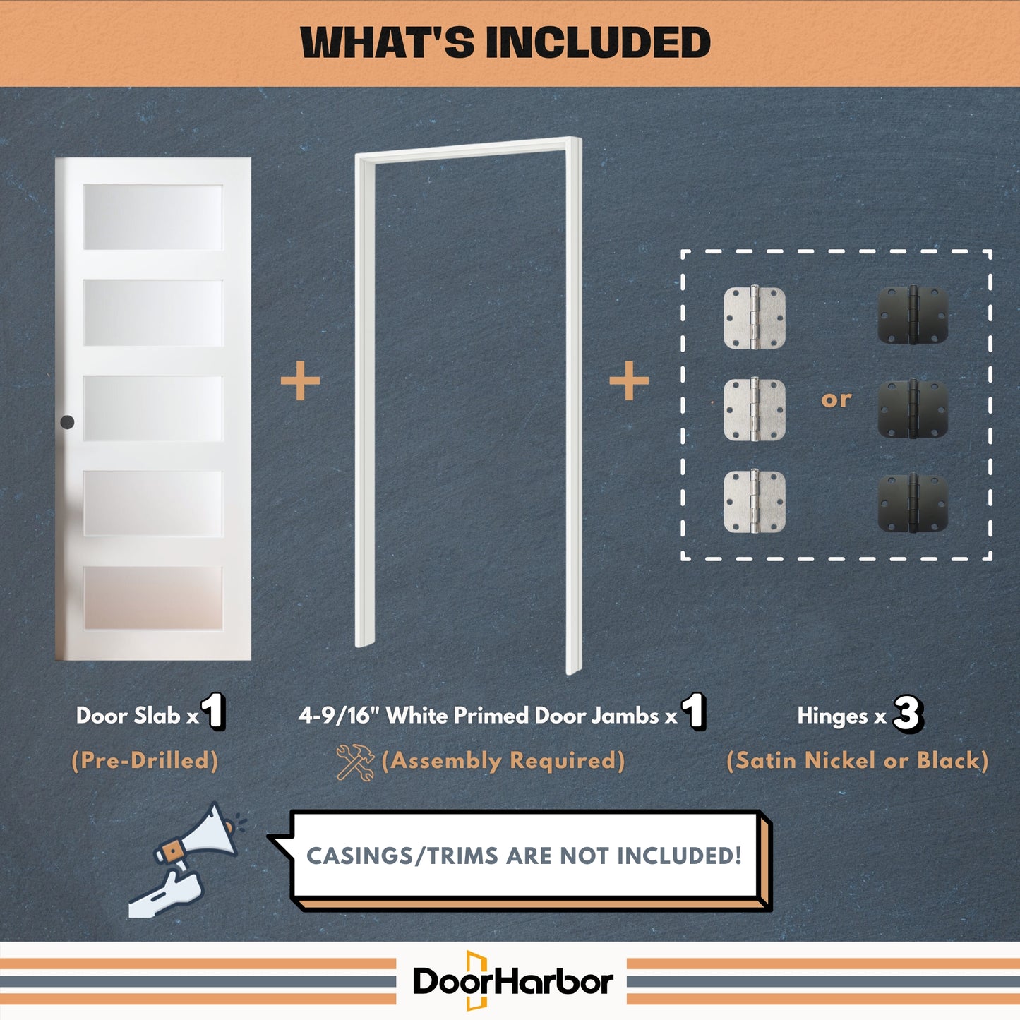 Prehung Interior Door, 5-Lite Frosted Glass Design, White Primed, Solid Core, with Jambs Kit, Black or Satin Nickel Hinges, and Pre-Drilled Lock & Hinge Holes