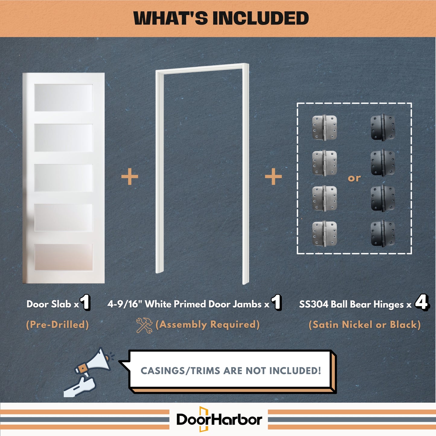 Prehung Interior Door, 5-Lite Frosted Glass Design, White Primed, Solid Core, with Jambs Kit, Black or Satin Nickel Hinges, and Pre-Drilled Lock & Hinge Holes