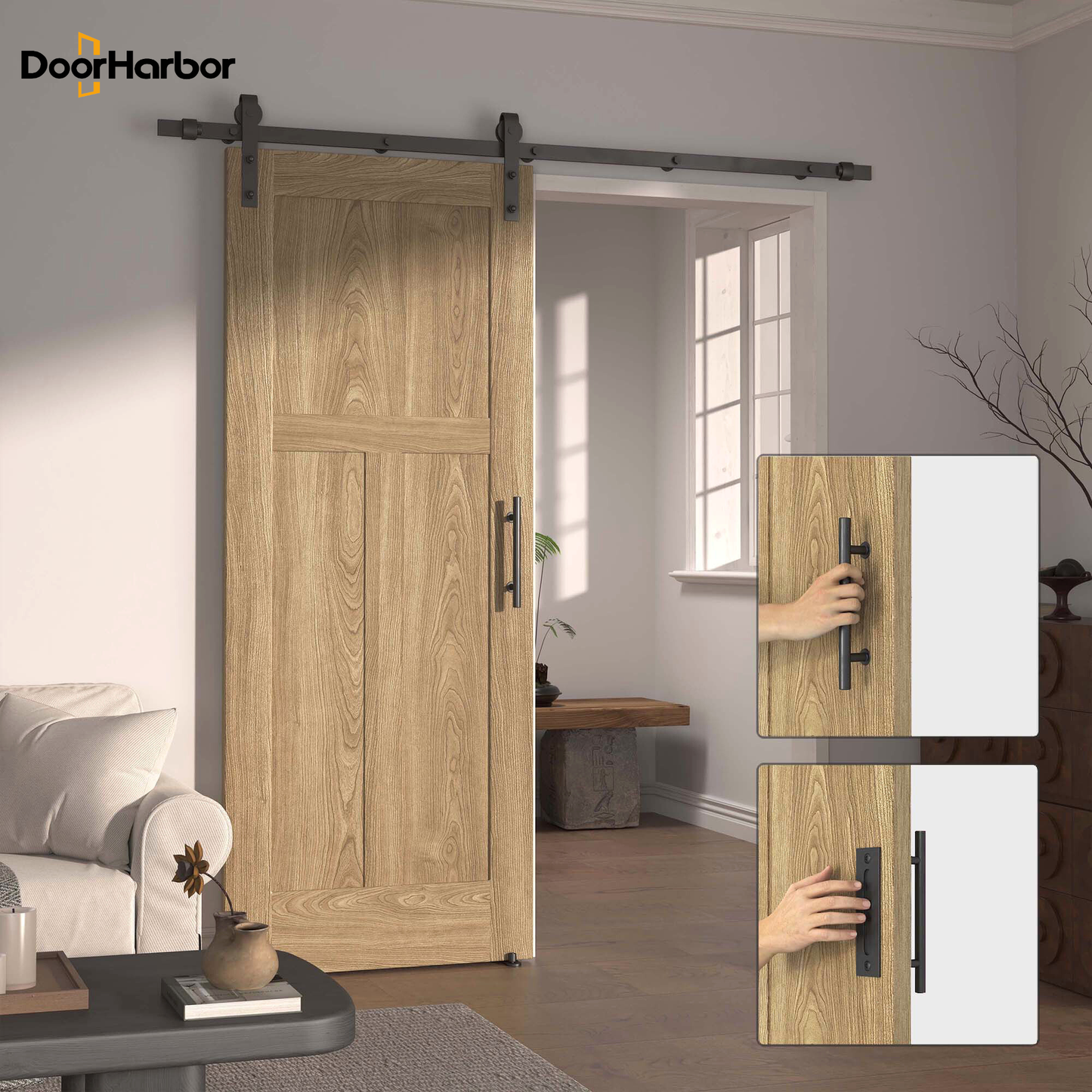 Pre-Assembled Sliding Barn Door with ALL-IN-ONE Black Hardware Kit, 3-Panel Shaker Design, Solid Core, Oak Veneer Finish, with One-Piece Track, Includes Handle and Lock