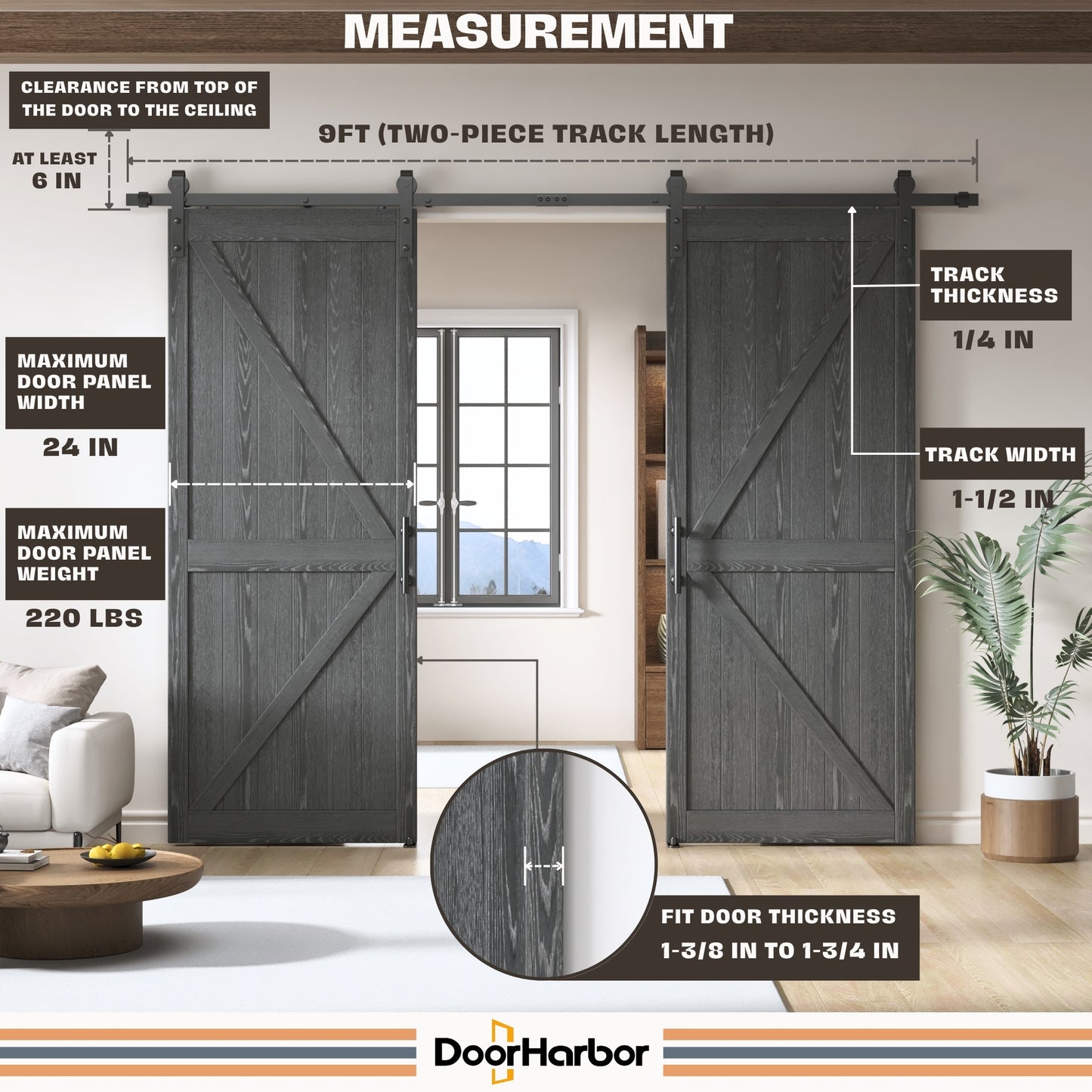 All-IN-ONE Sliding Barn Door Hardware Kit for Double Doors, with Handle, Lock, Adjustable Floor & Wall Guide, Black, Smoothly & Quietly, Easy to Install (No Door)