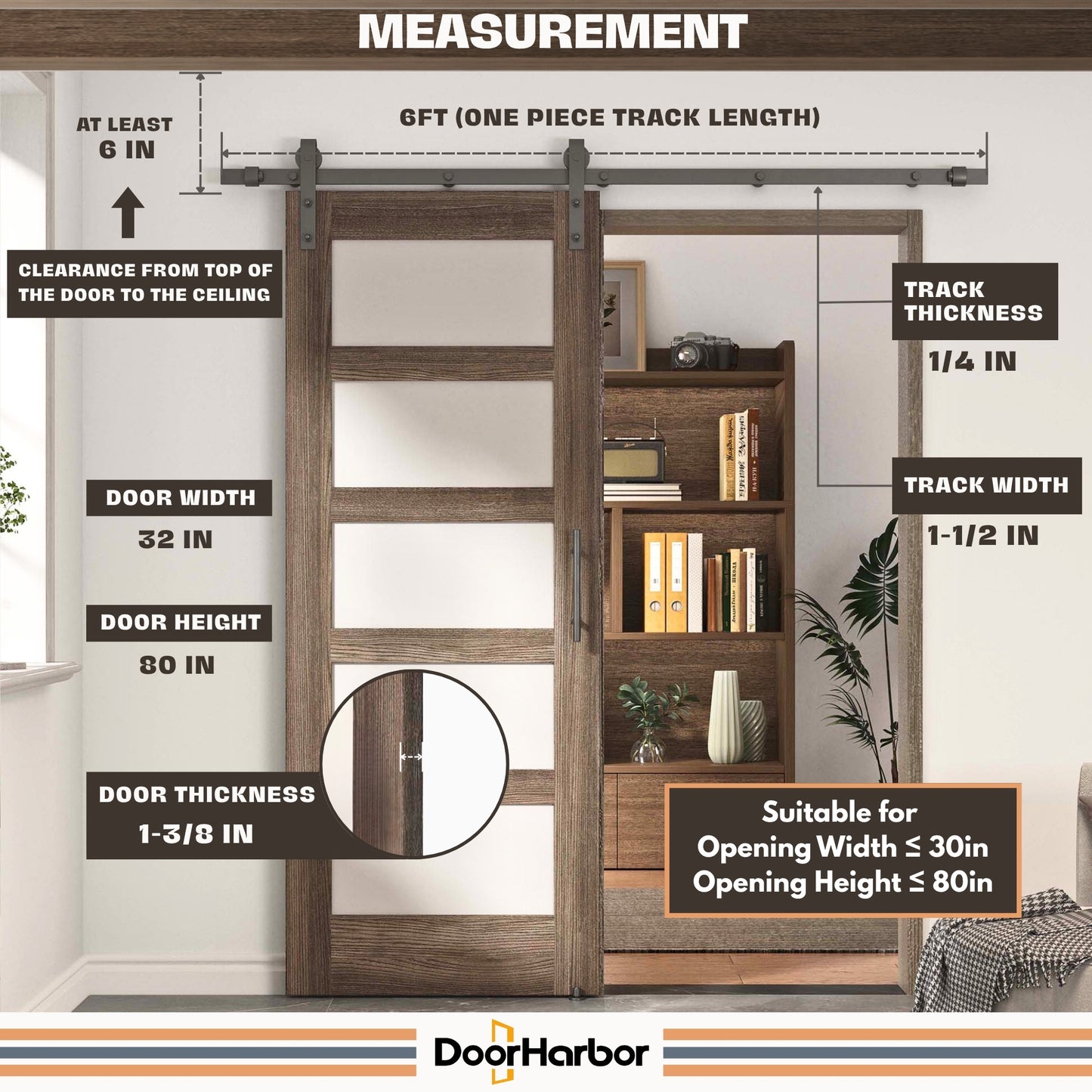 Pre-Assembled Sliding Barn Door with ALL-IN-ONE Black Hardware Kit, 5-Lite Frosted Glass Design, Solid Core, Walnut Veneer Finish, with One-Piece Track, Handle and Lock