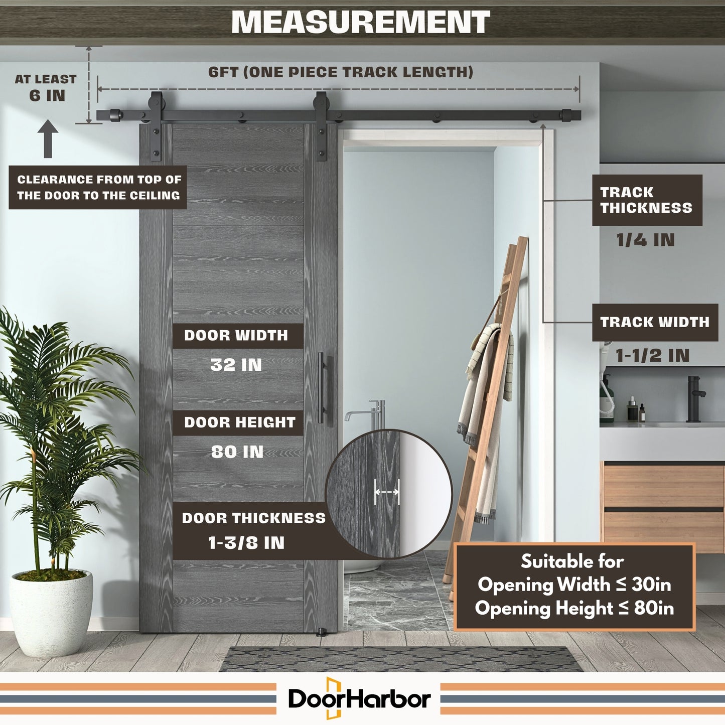 Pre-Assembled Sliding Barn Door with ALL-IN-ONE Black Hardware Kit, 5-Panel Flush Design, Solid Core, Grey Oak Veneer Finish, with One-Piece Track, Handle and Lock
