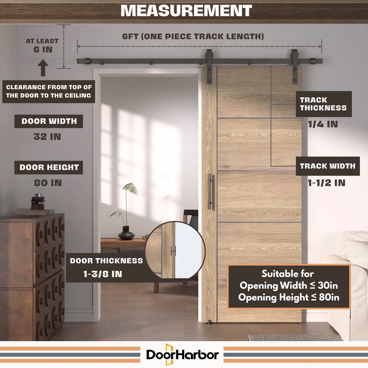 Pre-Assembled Sliding Barn Door with ALL-IN-ONE Black Hardware Kit, 5-Panel Flush Design, Solid Core, Walnut Veneer Finish, with One-Piece Track, Handle and Lock