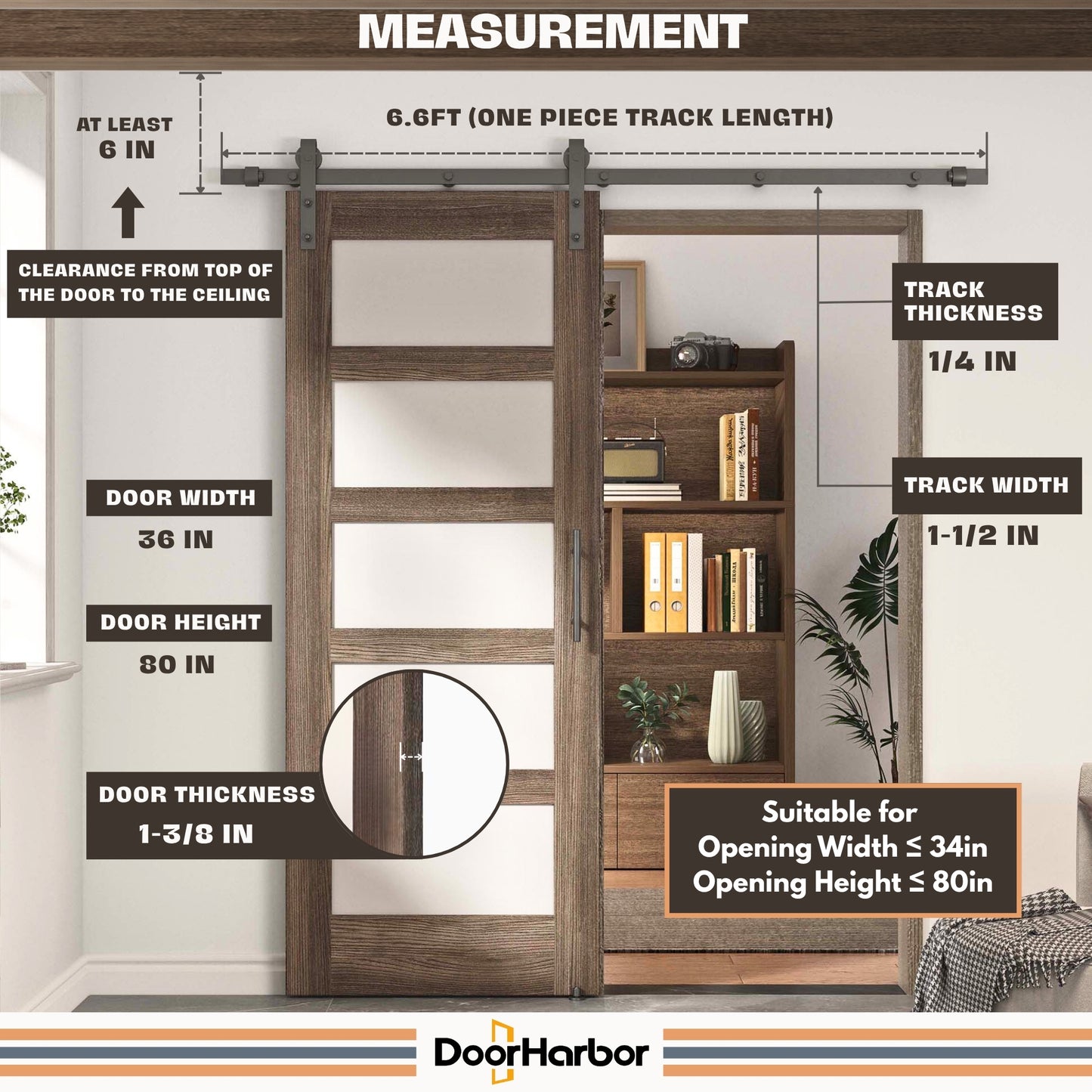 Pre-Assembled Sliding Barn Door with ALL-IN-ONE Black Hardware Kit, 5-Lite Frosted Glass Design, Solid Core, Walnut Veneer Finish, with One-Piece Track, Handle and Lock