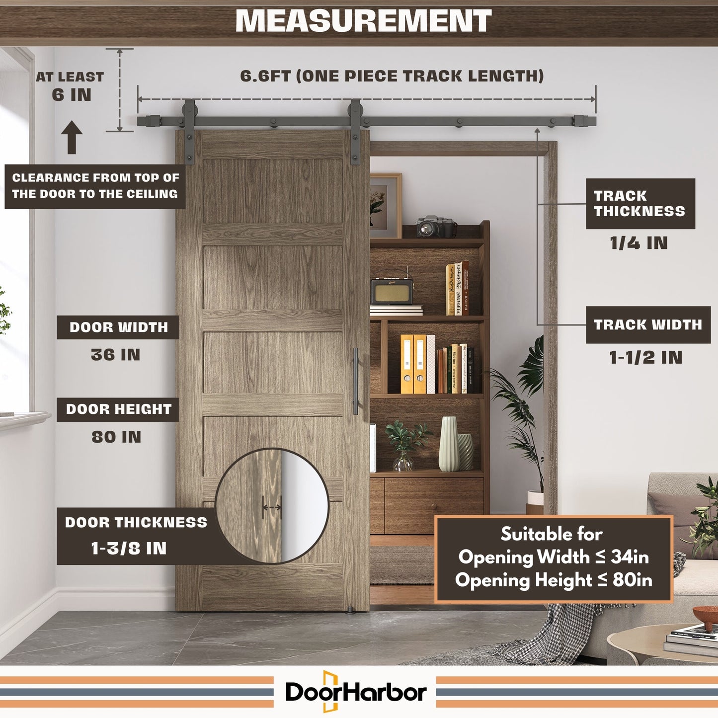 Pre-Assembled Sliding Barn Door with ALL-IN-ONE Black Hardware Kit, 5-Panel Shaker Design, Solid Core, Walnut Veneer Finish, with One-Piece Track, Handle and Lock