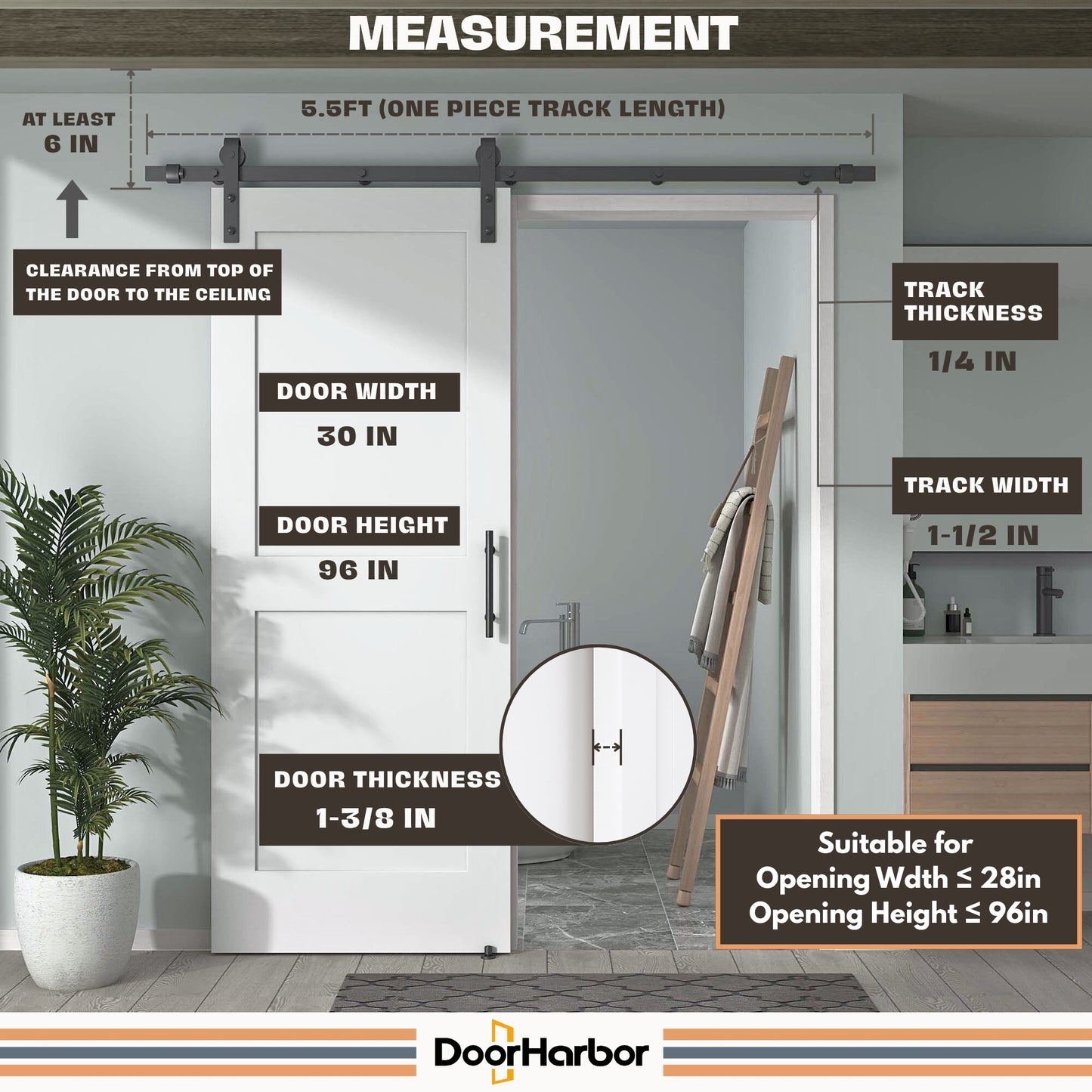 Pre-Assembled Sliding Barn Door with ALL-IN-ONE Black Hardware Kit, 2-Panel Shaker Design, Solid Core, White Primed, with One-Piece Track, Includes Handle and Lock