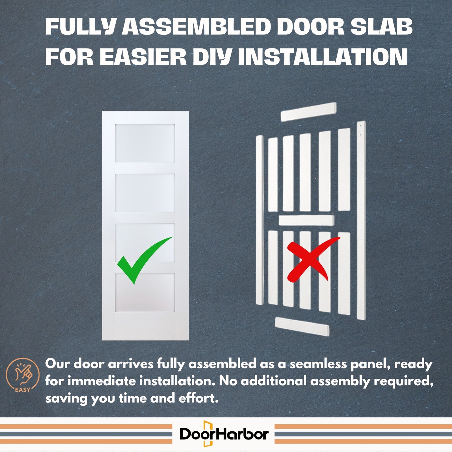Prehung Interior Door, 4-Lite Frosted Glass Design, White Primed, Solid Core, with Jambs Kit, Black or Satin Nickel Hinges, and Pre-Drilled Lock & Hinge Holes