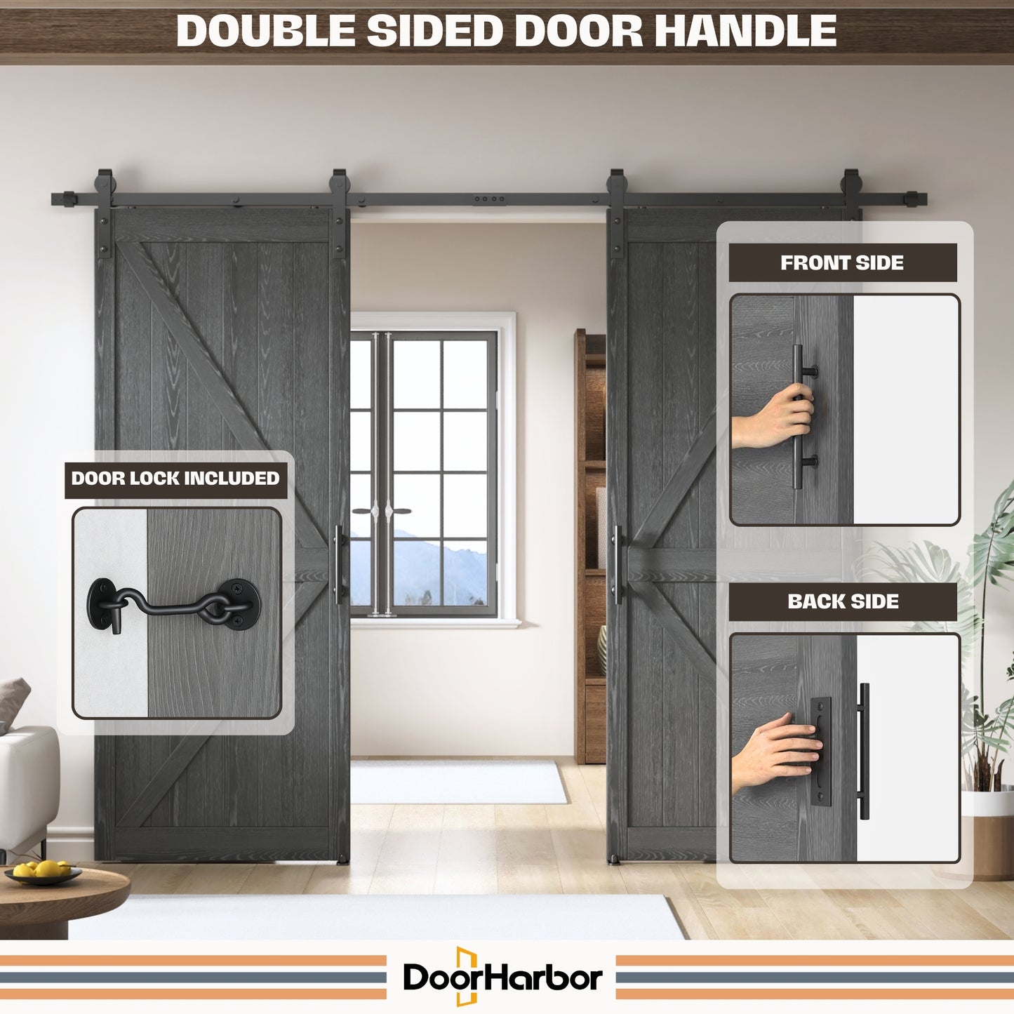 All-IN-ONE Sliding Barn Door Hardware Kit for Double Doors, with Handle, Lock, Adjustable Floor & Wall Guide, Black, Smoothly & Quietly, Easy to Install (No Door)