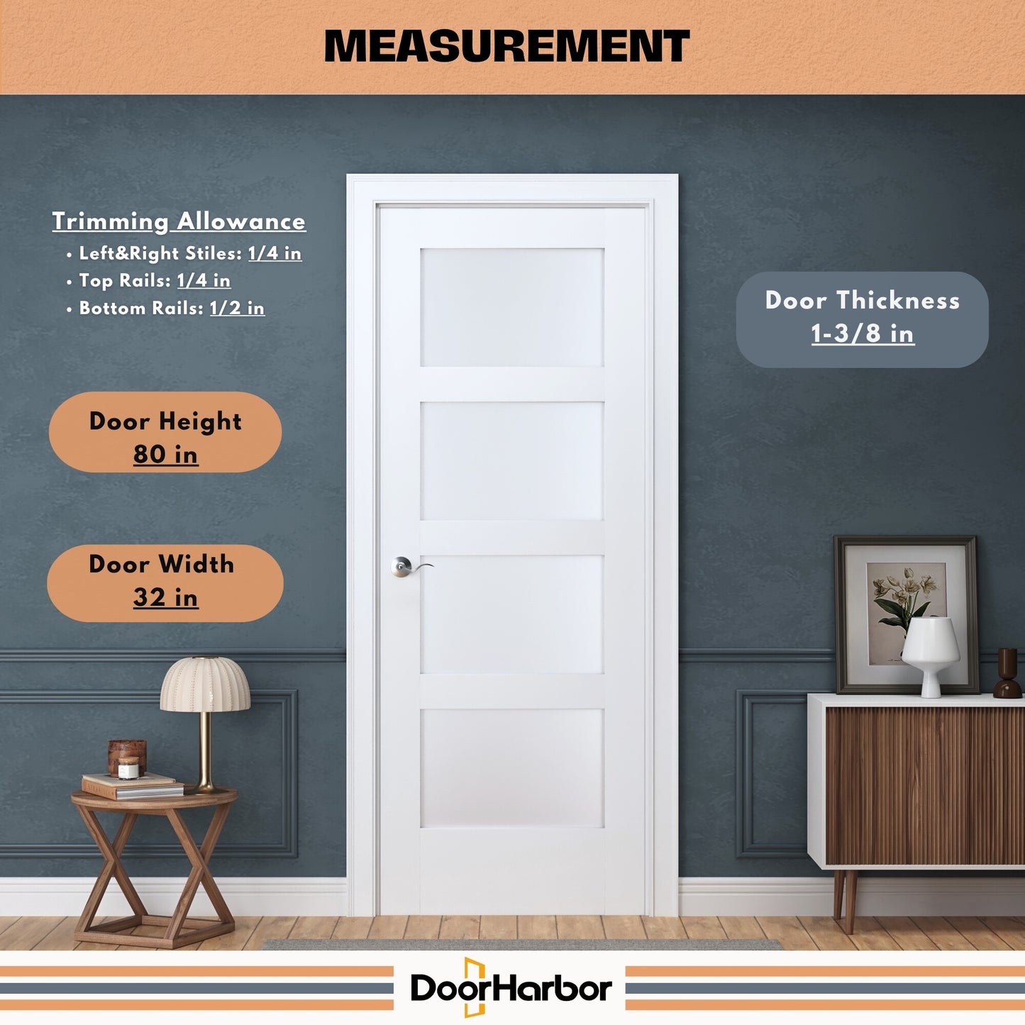 Prehung Interior Door, 4-Lite Frosted Glass Design, White Primed, Solid Core, with Jambs Kit, Black or Satin Nickel Hinges, and Pre-Drilled Lock & Hinge Holes