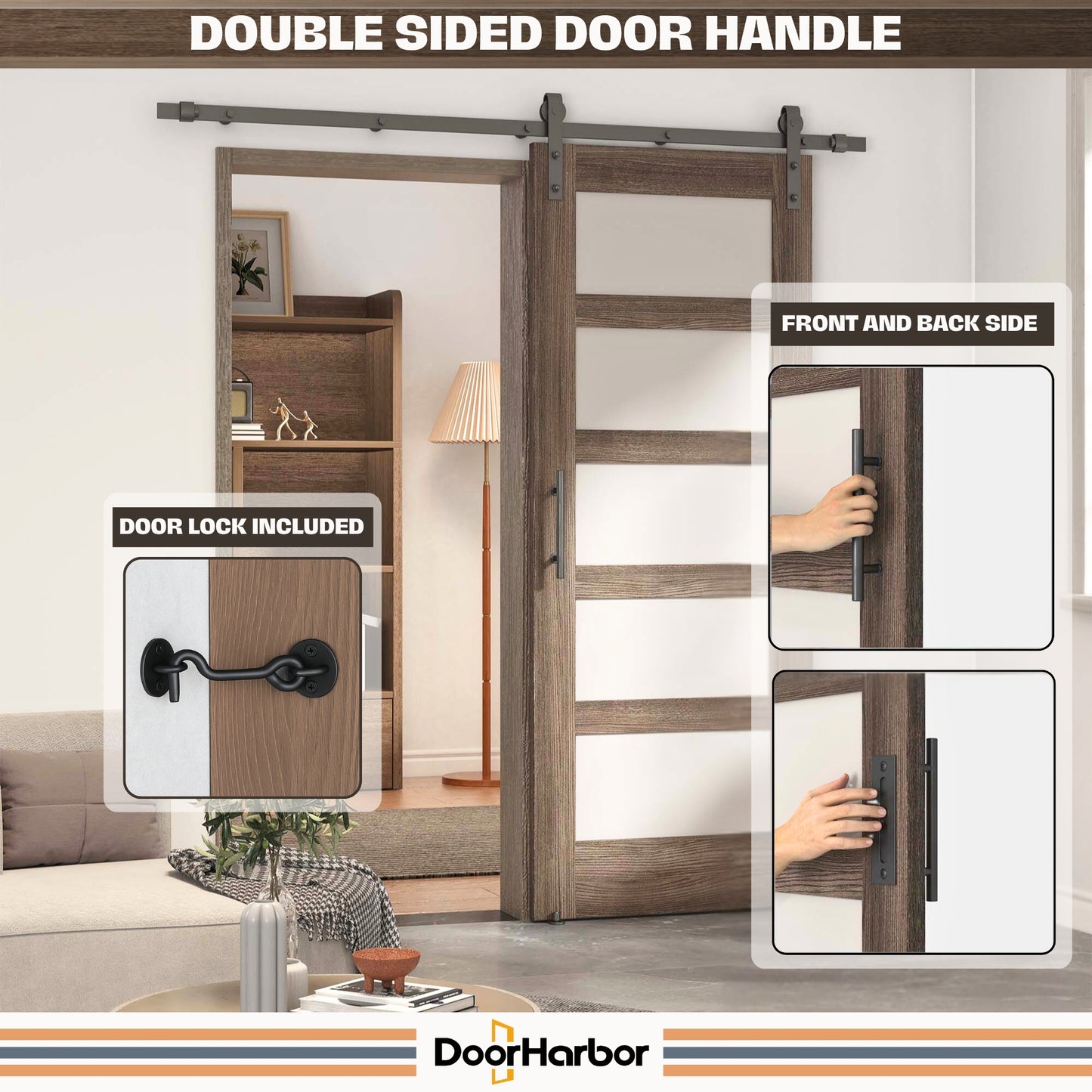 Pre-Assembled Sliding Barn Door with ALL-IN-ONE Black Hardware Kit, 5-Lite Frosted Glass Design, Solid Core, Walnut Veneer Finish, with One-Piece Track, Handle and Lock