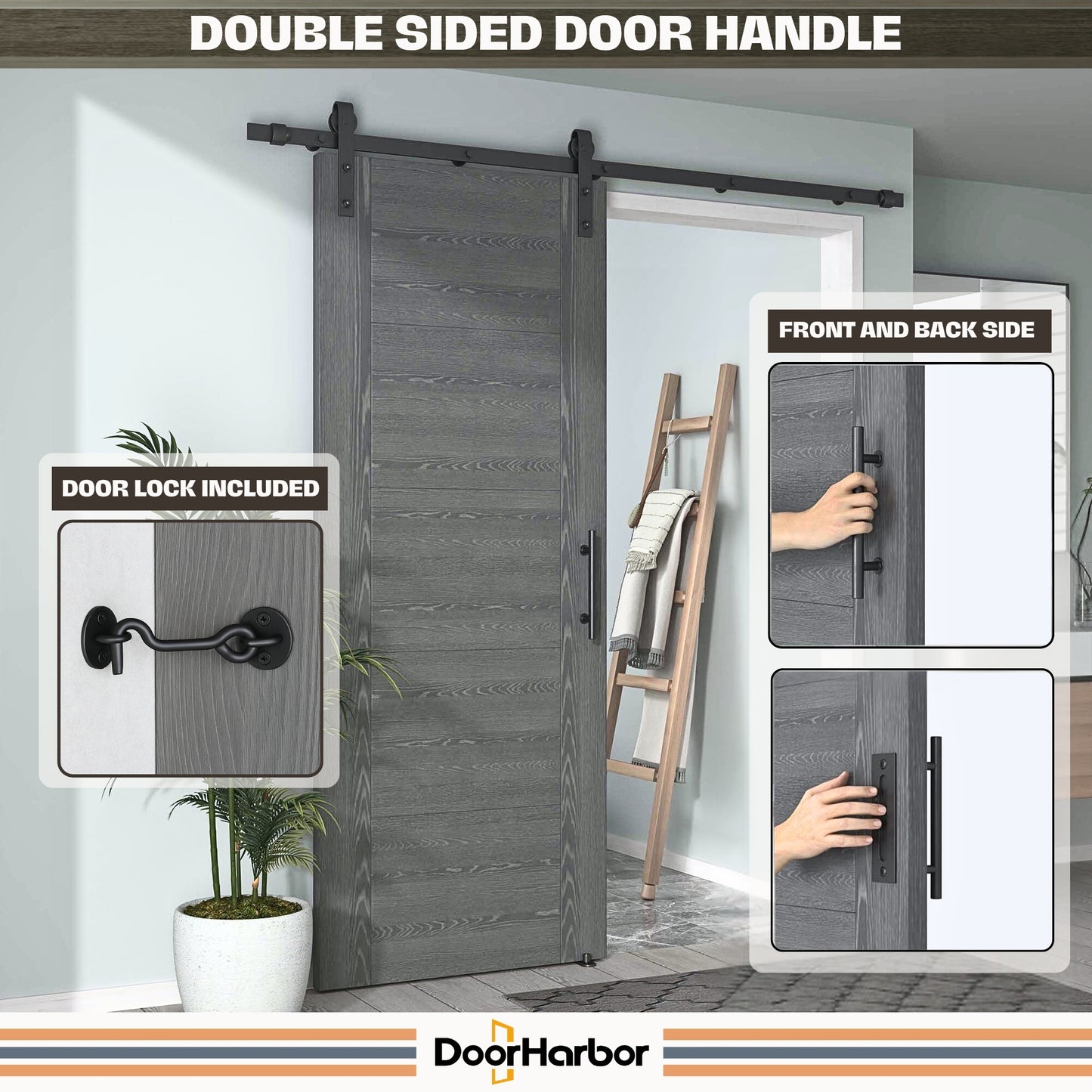 Pre-Assembled Sliding Barn Door with ALL-IN-ONE Black Hardware Kit, 5-Panel Flush Design, Solid Core, Grey Oak Veneer Finish, with One-Piece Track, Handle and Lock