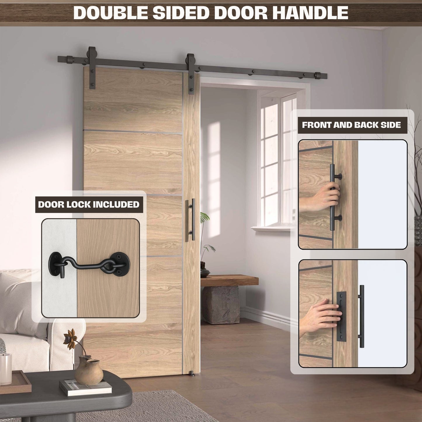 Pre-Assembled Sliding Barn Door with ALL-IN-ONE Black Hardware Kit, 5-Panel Flush Design, Solid Core, Walnut Veneer Finish, with One-Piece Track, Handle and Lock