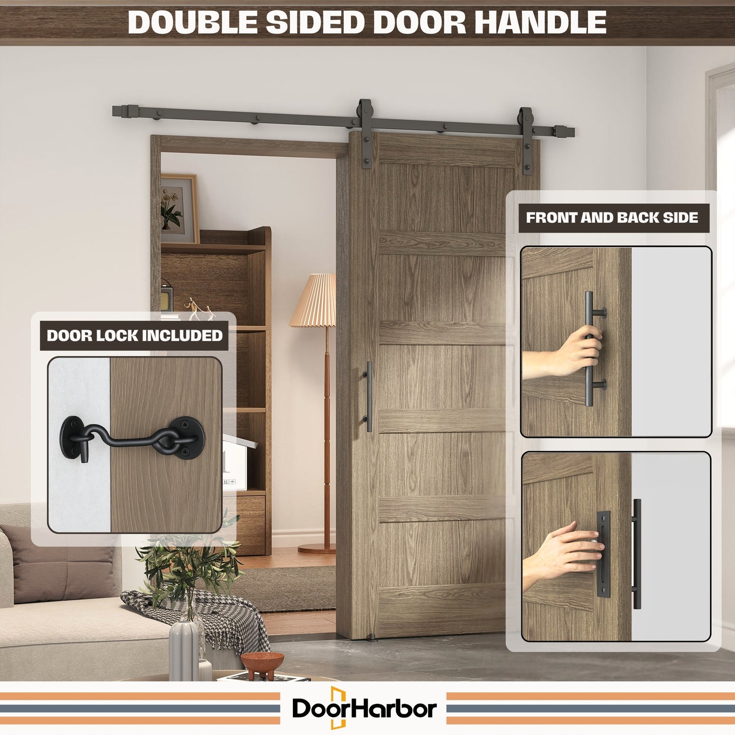 Pre-Assembled Sliding Barn Door with ALL-IN-ONE Black Hardware Kit, 5-Panel Shaker Design, Solid Core, Walnut Veneer Finish, with One-Piece Track, Handle and Lock