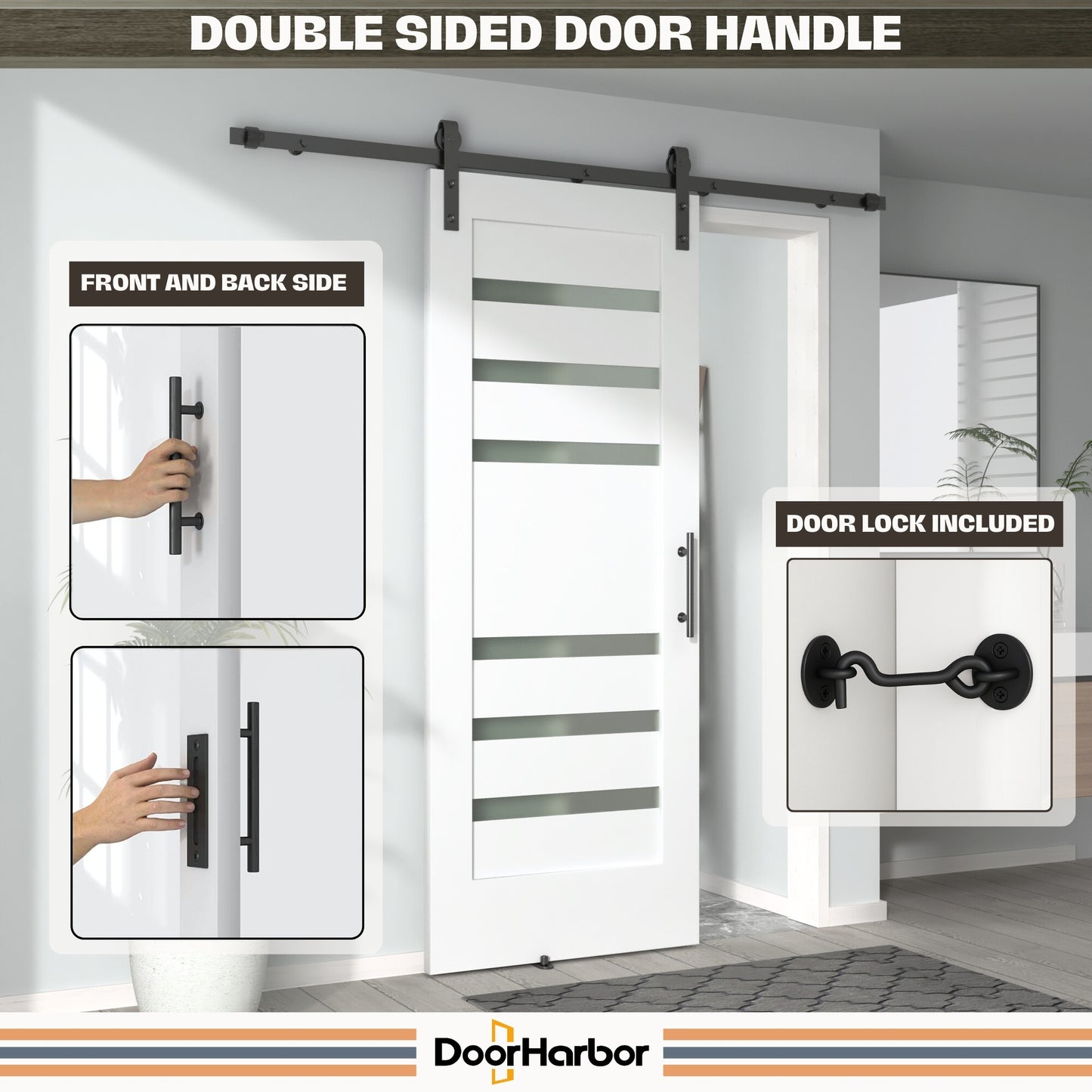 Pre-Assembled Sliding Barn Door with ALL-IN-ONE Black Hardware Kit, 6-Lite Small Frosted Glass Design, Solid Core, White Primed, with One-Piece Track, Includes Handle and Lock