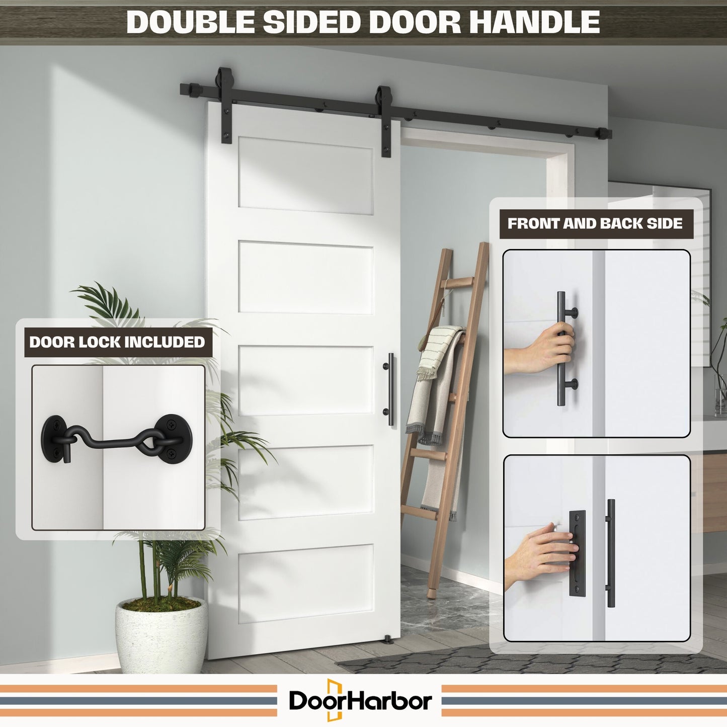 Pre-Assembled Sliding Barn Door with ALL-IN-ONE Black Hardware Kit, 5-Panel Shaker Design, Solid Core, White Primed, with One-Piece Track, Includes Handle and Lock