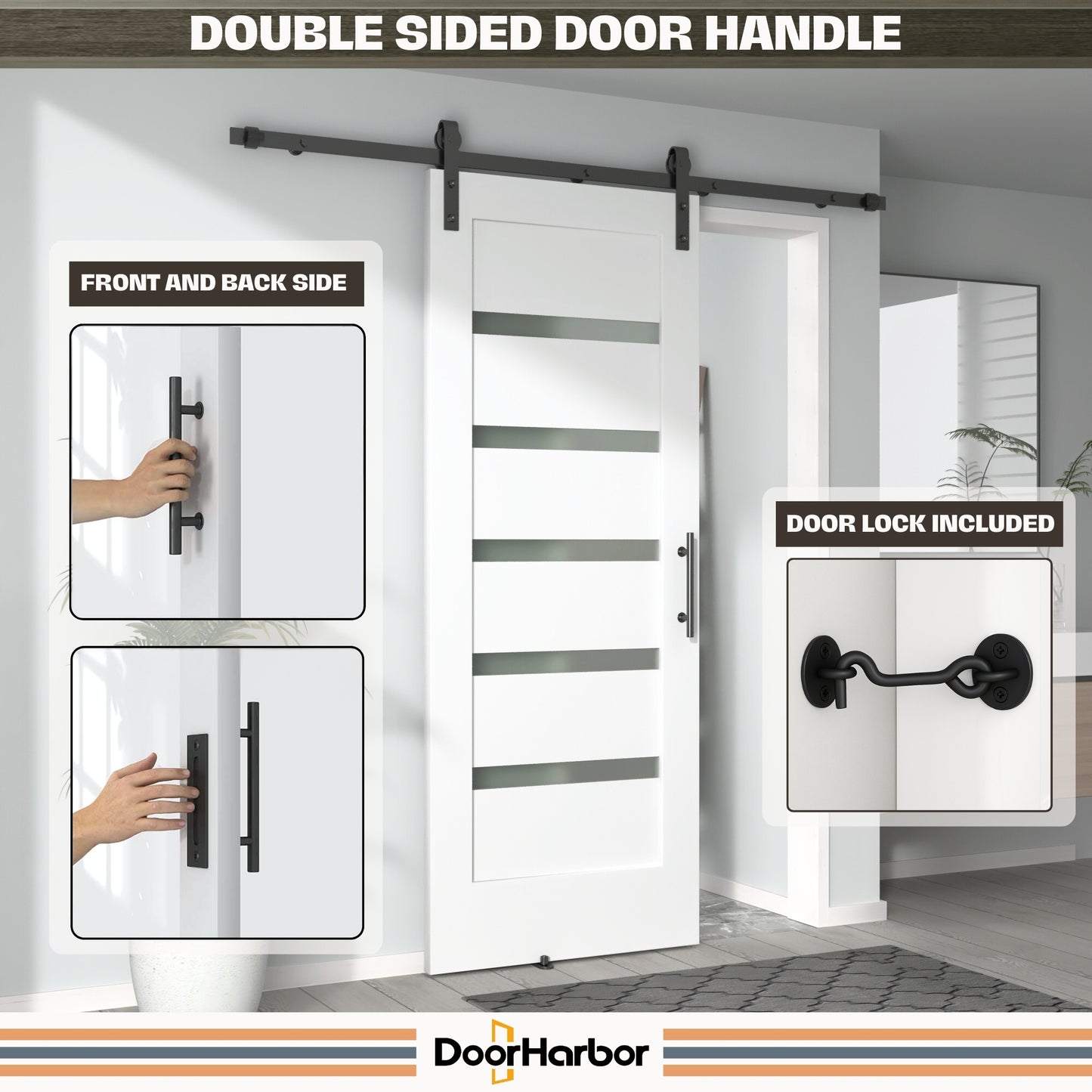 Pre-Assembled Sliding Barn Door with ALL-IN-ONE Black Hardware Kit, 5-Lite Small Frosted Glass Design, Solid Core, White Primed, with One-Piece Track, Includes Handle and Lock