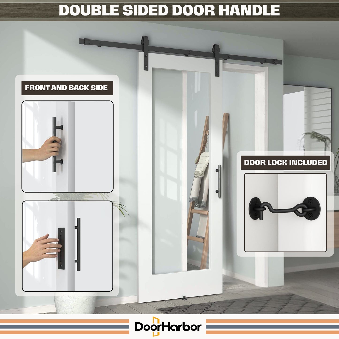 Pre-Assembled Sliding Barn Door with ALL-IN-ONE Black Hardware Kit, 1-Lite Clear Glass Design, Solid Core, White Primed, with One-Piece Track, Includes Handle and Lock