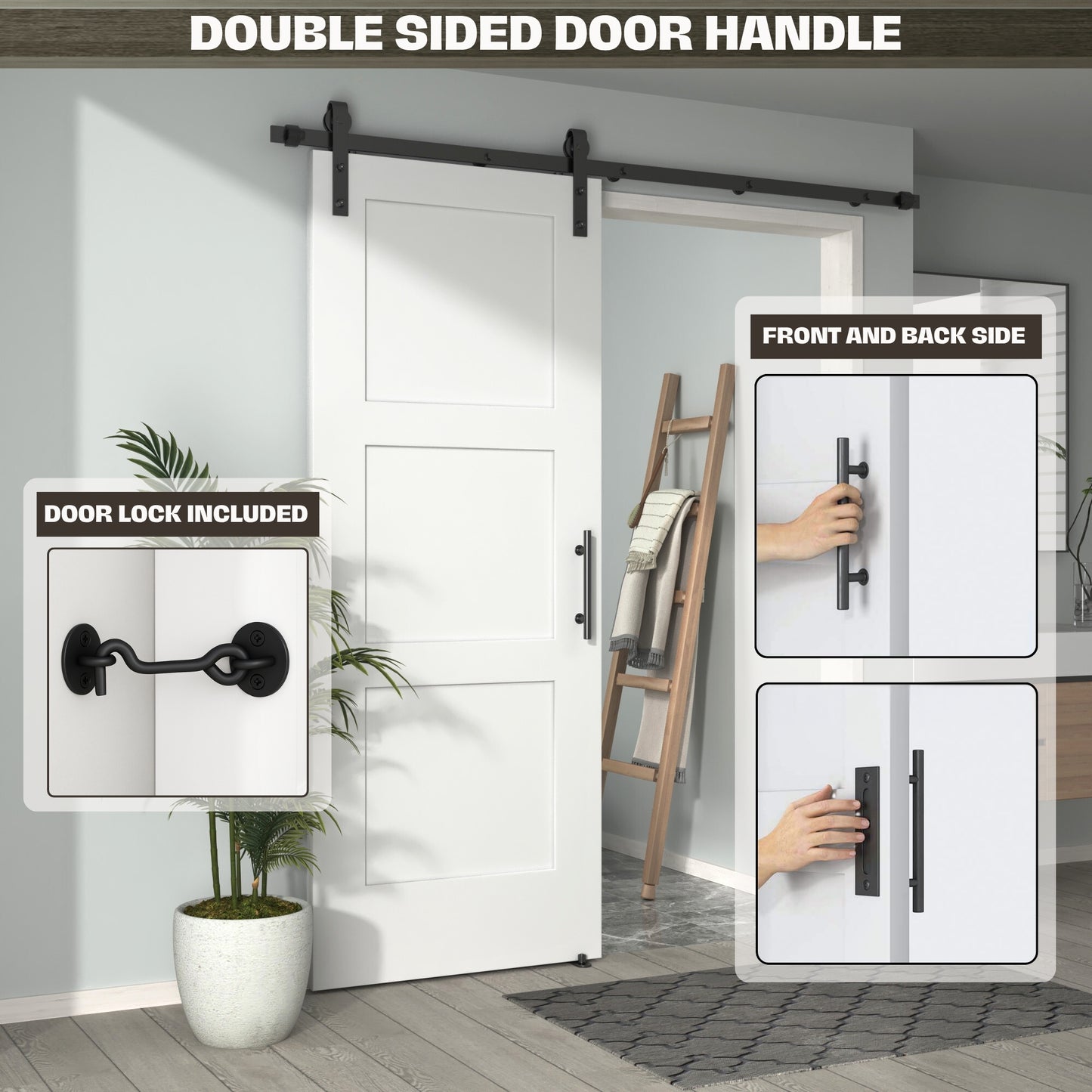 Pre-Assembled Sliding Barn Door with ALL-IN-ONE Black Hardware Kit, 3-Panel Shaker Design, Solid Core, White Primed, with One-Piece Track, Includes Handle and Lock