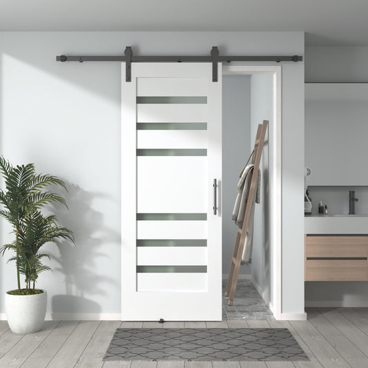 Pre-Assembled Sliding Barn Door with ALL-IN-ONE Black Hardware Kit, 6-Lite Small Frosted Glass Design, Solid Core, White Primed, with One-Piece Track, Includes Handle and Lock