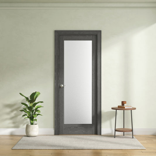 Interior Door Slab Only, 1-Lite Frosted Glass Design, Engineered Grey Oak Veneer Primed, Solid Core, Available Pre-Drilled for Swing Doors or Non Pre-Drilled for Sliding, Swing, Barn, Pocket, or Bifold Use (Not Prehung)