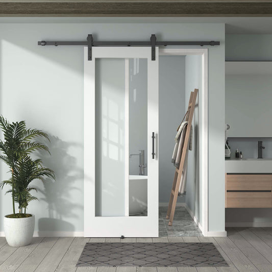 Pre-Assembled Sliding Barn Door with ALL-IN-ONE Black Hardware Kit, 1-Lite Clear Glass Design, Solid Core, White Primed, with One-Piece Track, Includes Handle and Lock