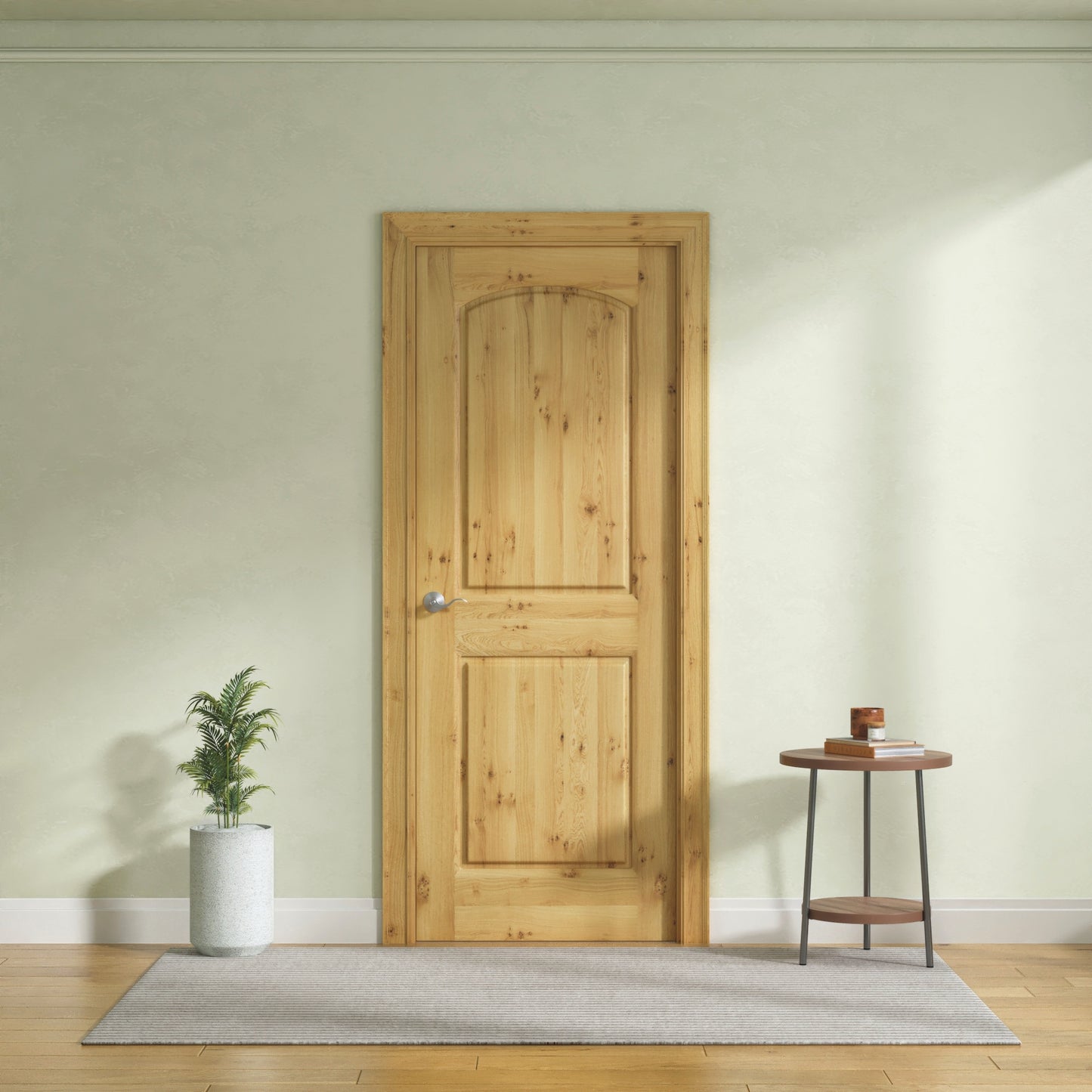 Prehung Interior Door, 2-Panel Arch Design, Engineered Alder Veneer Primed, Solid Core, with Jambs Kit, Black or Satin Nickel Hinges, and Pre-Drilled Lock & Hinge Holes