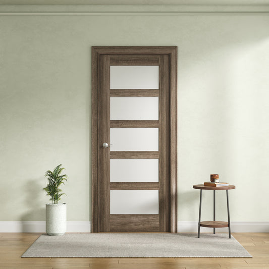 Interior Door Slab Only, 5-Lite Frosted Glass Design, Engineered Walnut Veneer Primed, Solid Core, Available Pre-Drilled for Swing Doors or Non Pre-Drilled for Sliding, Swing, Barn, Pocket, or Bifold Use (Not Prehung)