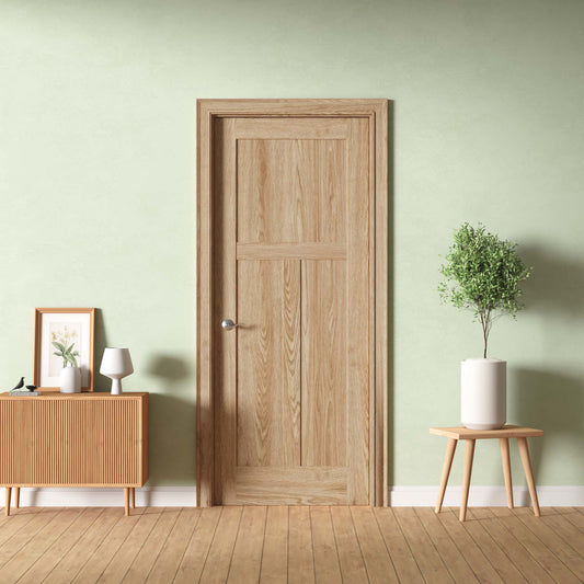 Interior Door Slab Only, 3-Panel Shaker Design, Engineered Oak Veneer Primed, Solid Core, Available Pre-Drilled for Swing Doors or Non Pre-Drilled for Sliding, Swing, Barn, Pocket, or Bifold Use (Not Prehung)