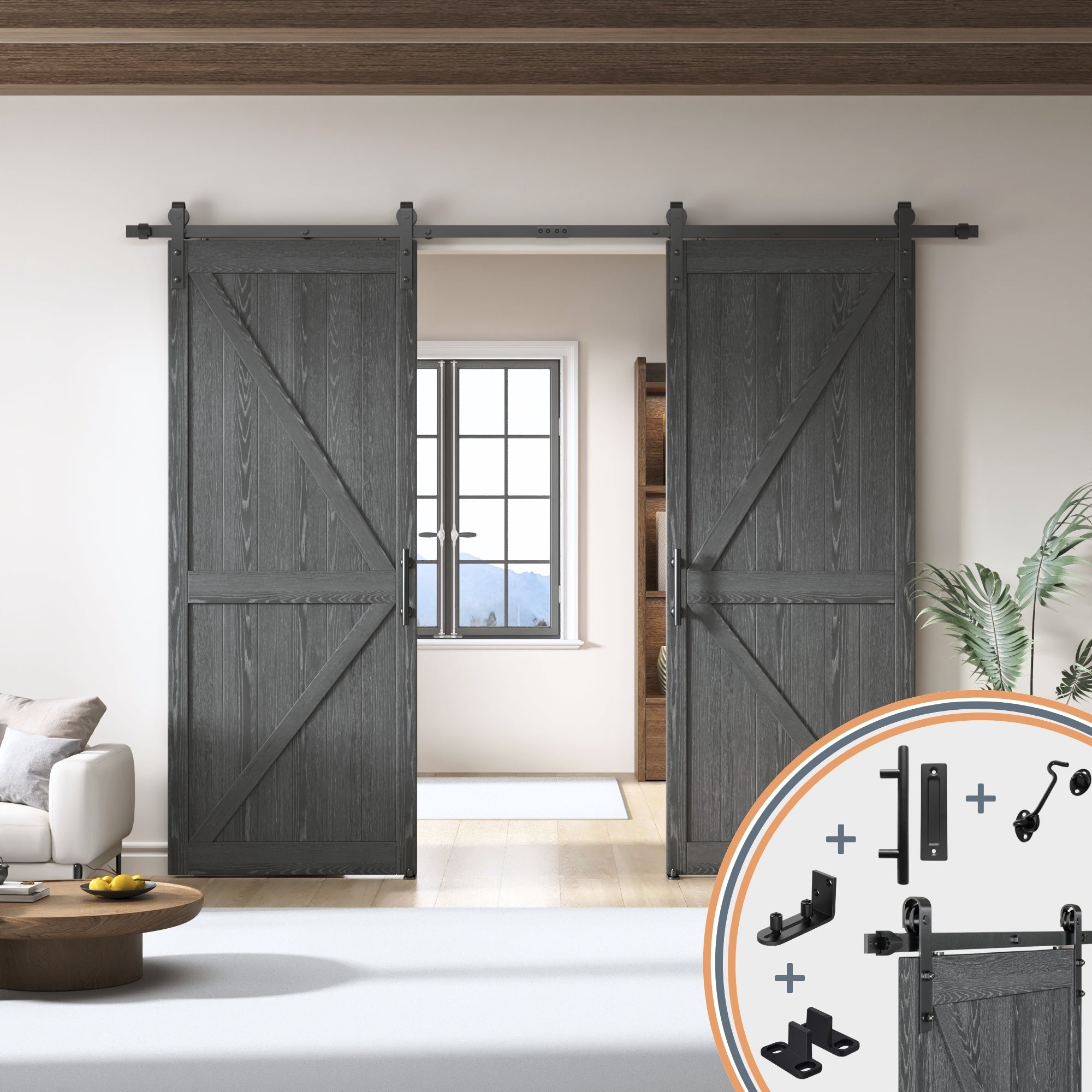 All-IN-ONE Sliding Barn Door Hardware Kit for Double Doors, with Handle, Lock, Adjustable Floor & Wall Guide, Black, Smoothly & Quietly, Easy to Install (No Door)