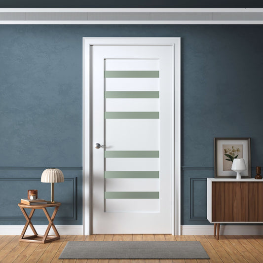 Prehung Interior Door, 6-Lite Small Frosted Glass Design, White Primed, Solid Core, with Jambs Kit, Black or Satin Nickel Hinges, and Pre-Drilled Lock & Hinge Holes