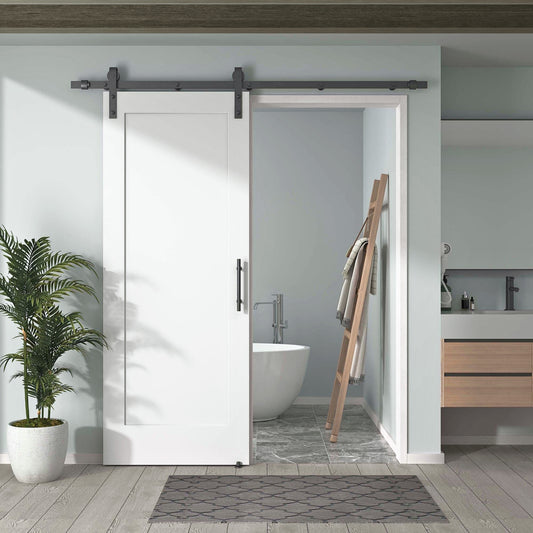 Pre-Assembled Sliding Barn Door with ALL-IN-ONE Black Hardware Kit, 1-Panel Shaker Design, Solid Core, White Primed, with One-Piece Track, Includes Handle and Lock